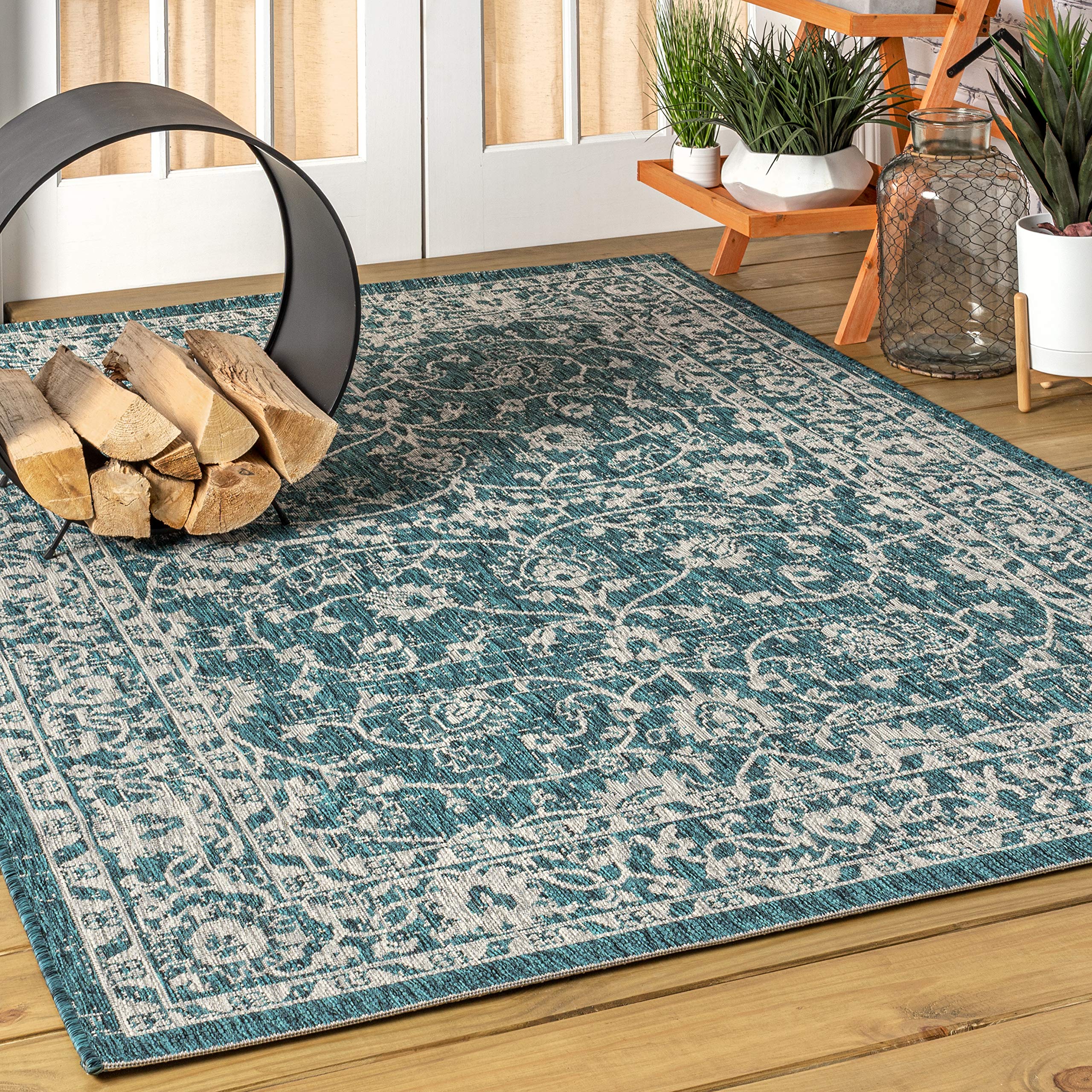 Jonathan Y Smb103B-3 Palazzo Vine And Border Textured Weave Indoor/Outdoor Teal/Gray 3 Ft. X 5 Ft. Area-Rug, Coastal,Easy-Cleaning,Hightraffic,Livingroom,Backyard, Non Shedding
