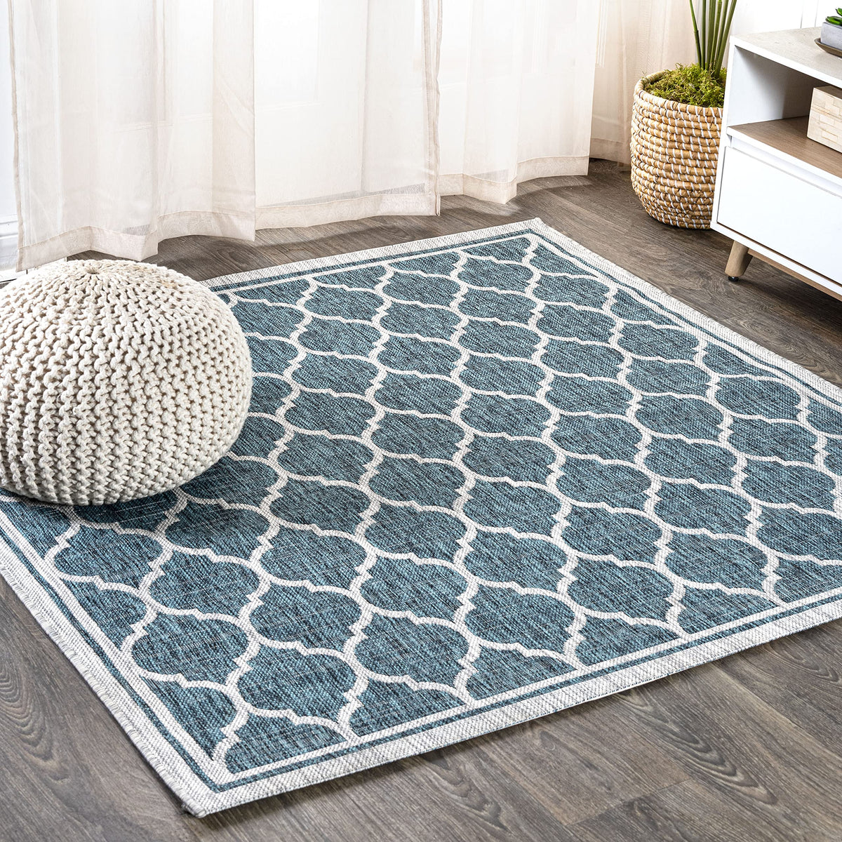 Jonathan Y Smb109E-6Sq Trebol Moroccan Trellis Textured Weave Teal/Gray 6' Square Indoor/Outdoor Area Rug, Pet Friendly, Non-She