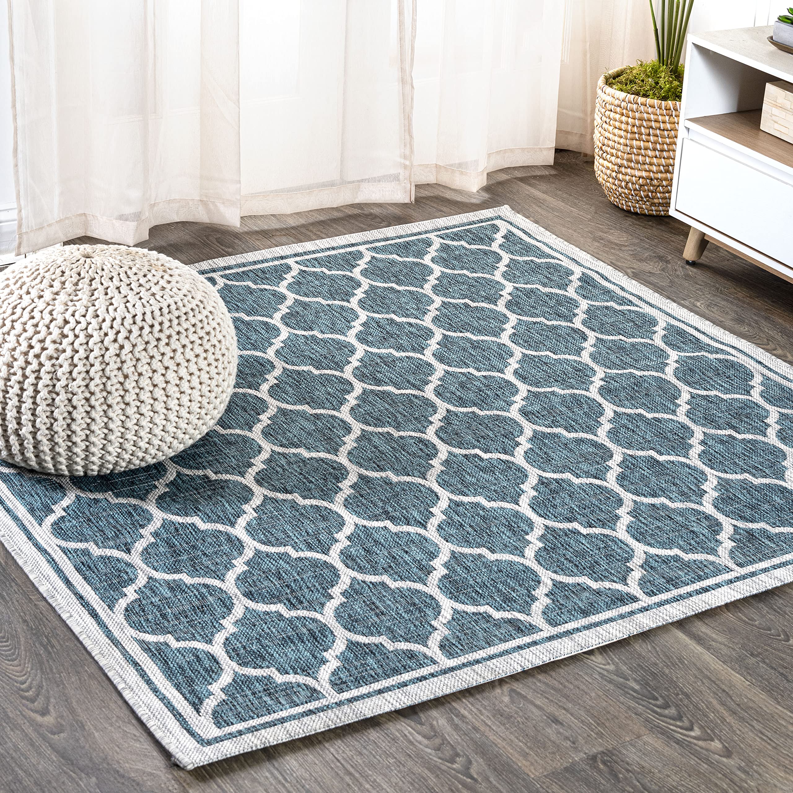 Jonathan Y Smb109E-8Sq Trebol Moroccan Trellis Textured Weave Teal/Gray 8' Square Indoor/Outdoor Area Rug, Pet Friendly, Non-She
