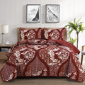 Burgundy Quilt Set Queen Size, Boho Red Gold Damask Bedspread Coverlet Set Soft Lightweight Microfiber Luxury Bedding Set 3 Piec