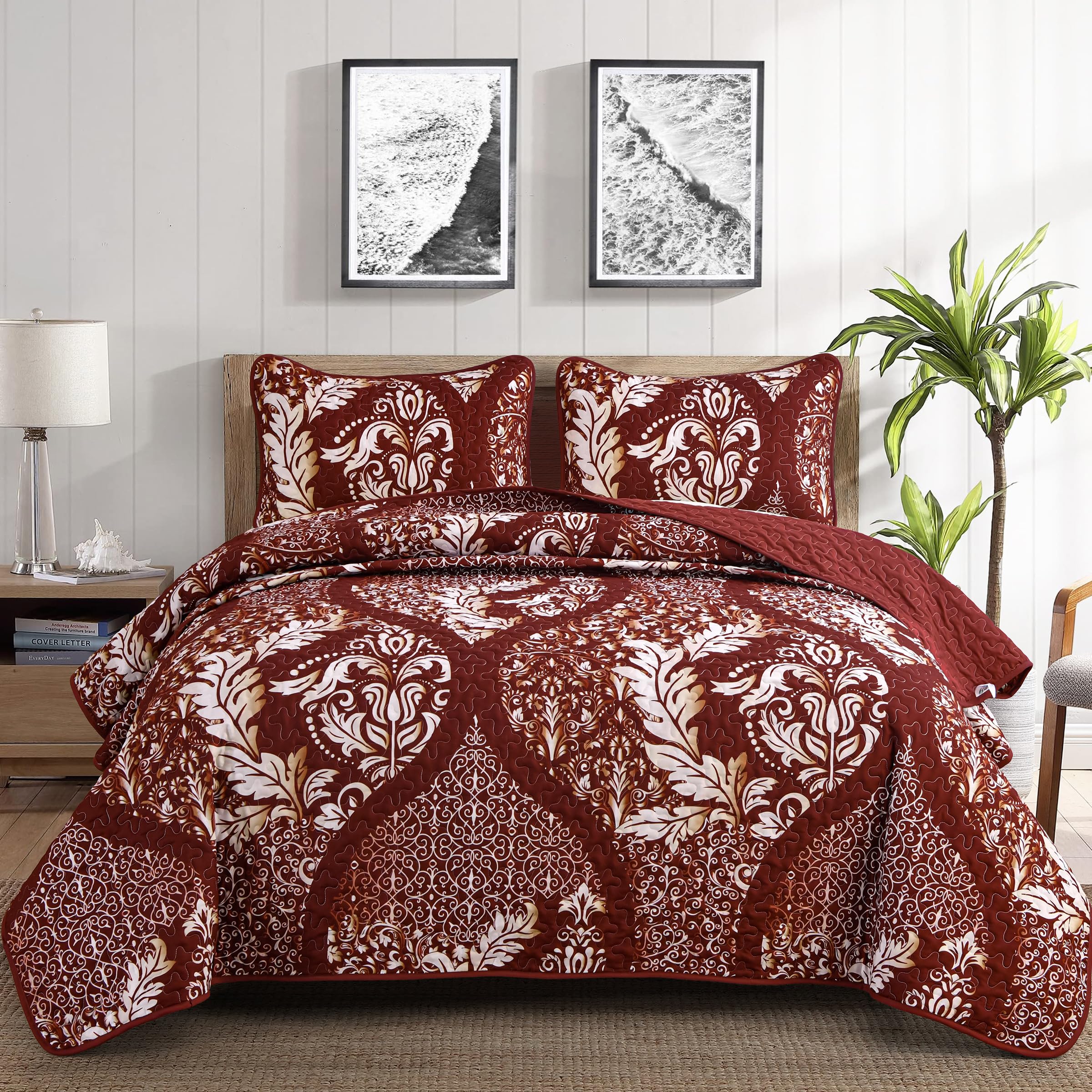 Burgundy Quilt Set Queen Size, Boho Red Gold Damask Bedspread Coverlet Set Soft Lightweight Microfiber Luxury Bedding Set 3 Piec