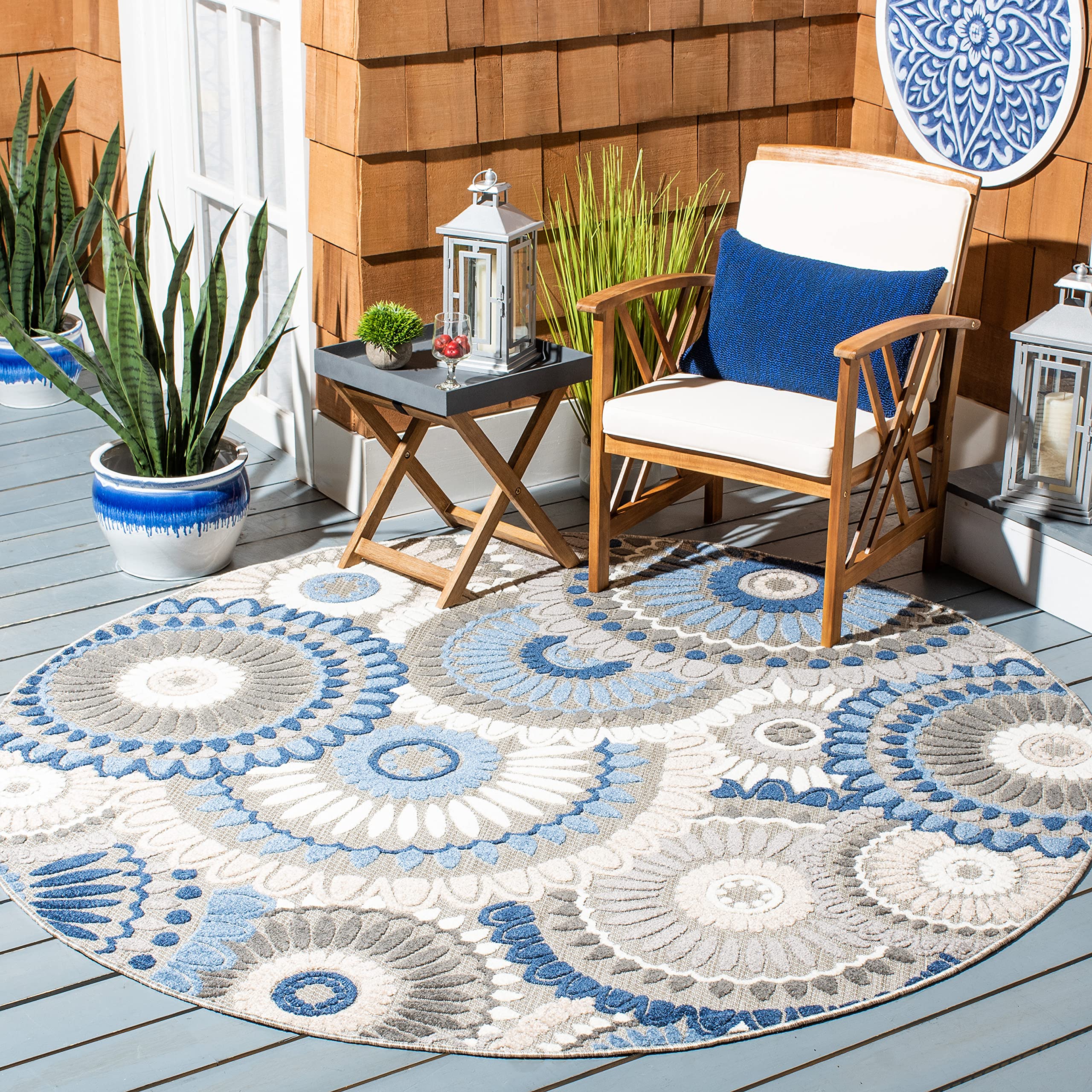 SAFAVIEH Cabana Collection Area Rug - 53 Round, Grey & Blue, Floral Design, Indoor/Outdoor & Washable, Ideal for Patio, Backyar