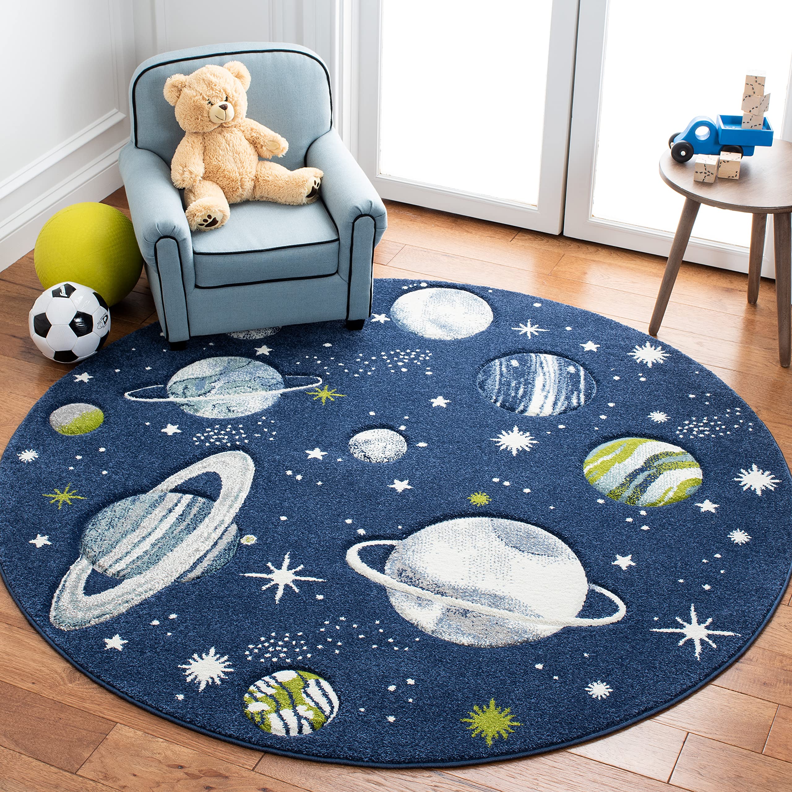 SAFAVIEH Carousel Kids Collection Area Rug - 53 Round, Navy & Ivory, Non-Shedding & Easy Care, Ideal for High Traffic Areas for