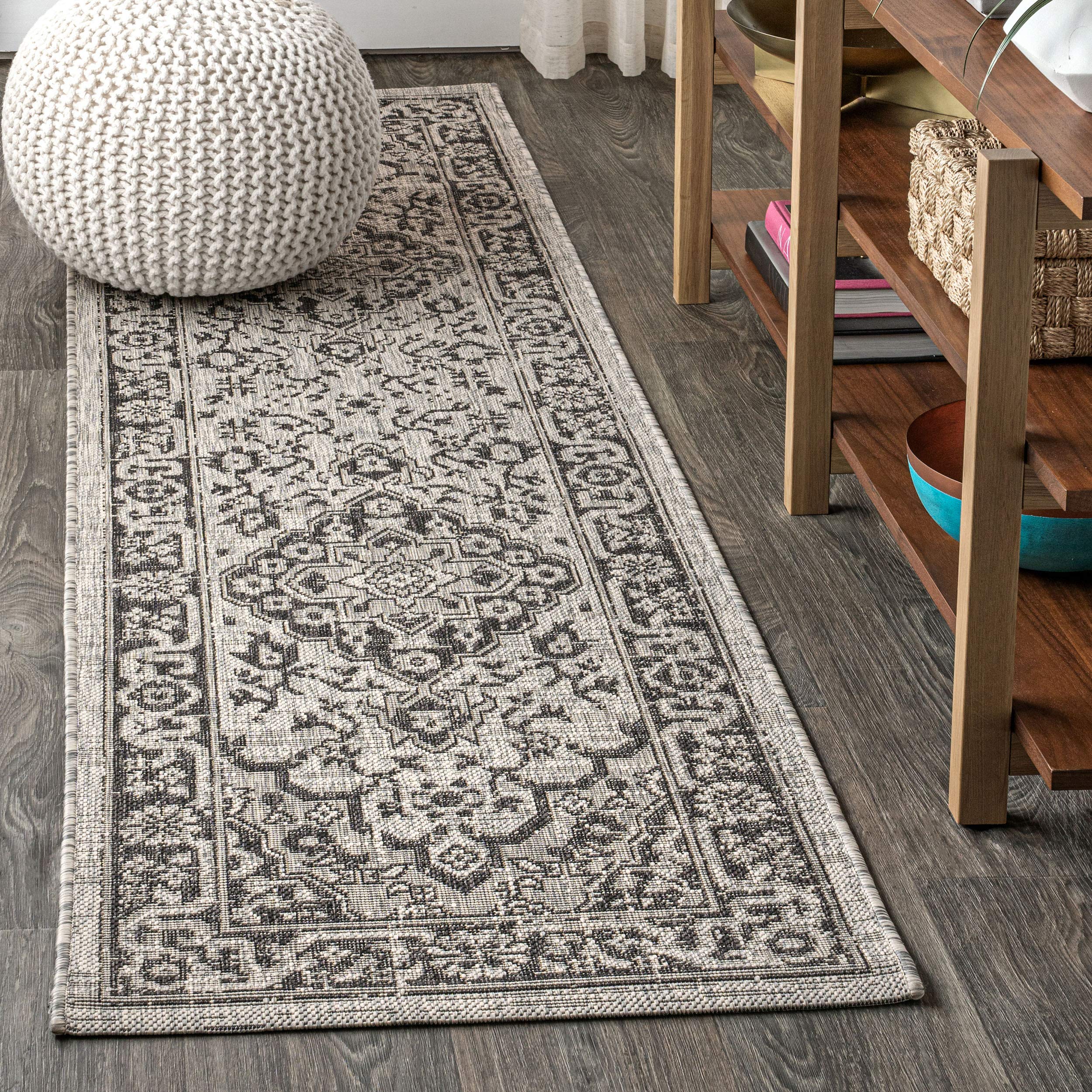 Jonathan Y Smb102D-28 Rozetta Boho Medallion Textured Weave Indoor Outdoor Area -Rug Coastal Bohemian Rustic Glam Easy -Cleaning Bedroom Kitchen Backyard Patio Non Shedding, 2 X 8, Gray/Black