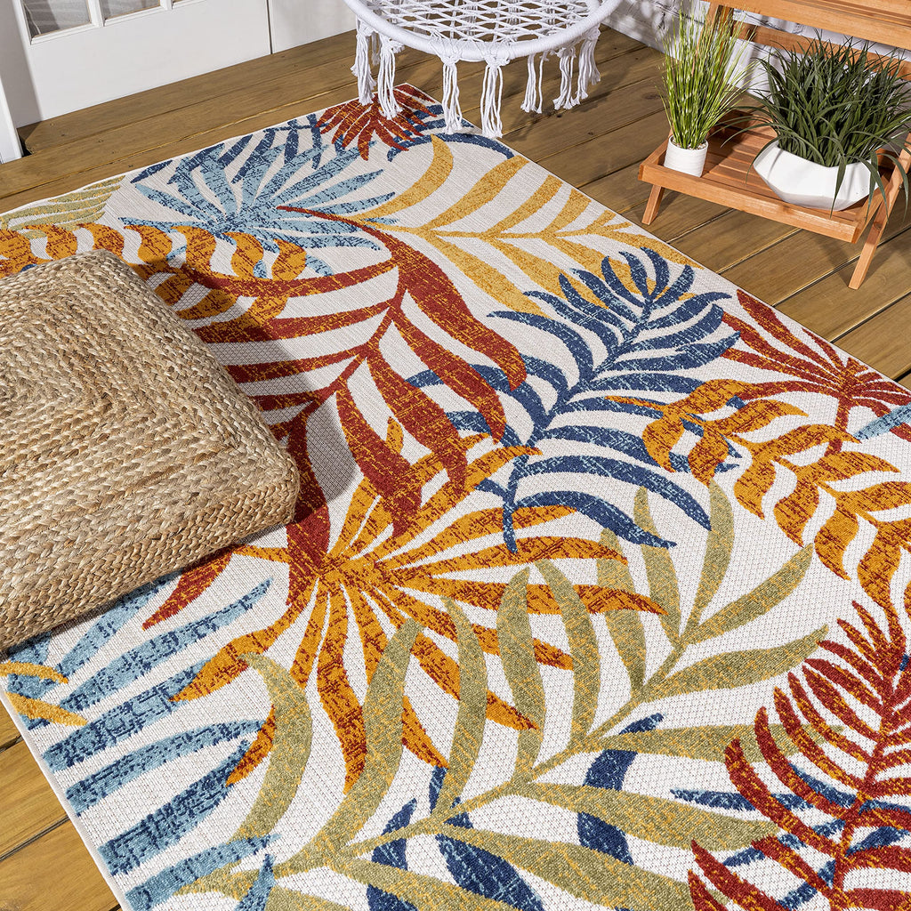Jonathan Y Amc100B-3 Tropics Palm Leaves Indoor Outdoor Area Rug Bohemian Floral Easy Cleaning High Traffic Bedroom Kitchen Backyard Patio Porch Non Shedding, 3 X 5, Cream/Orange