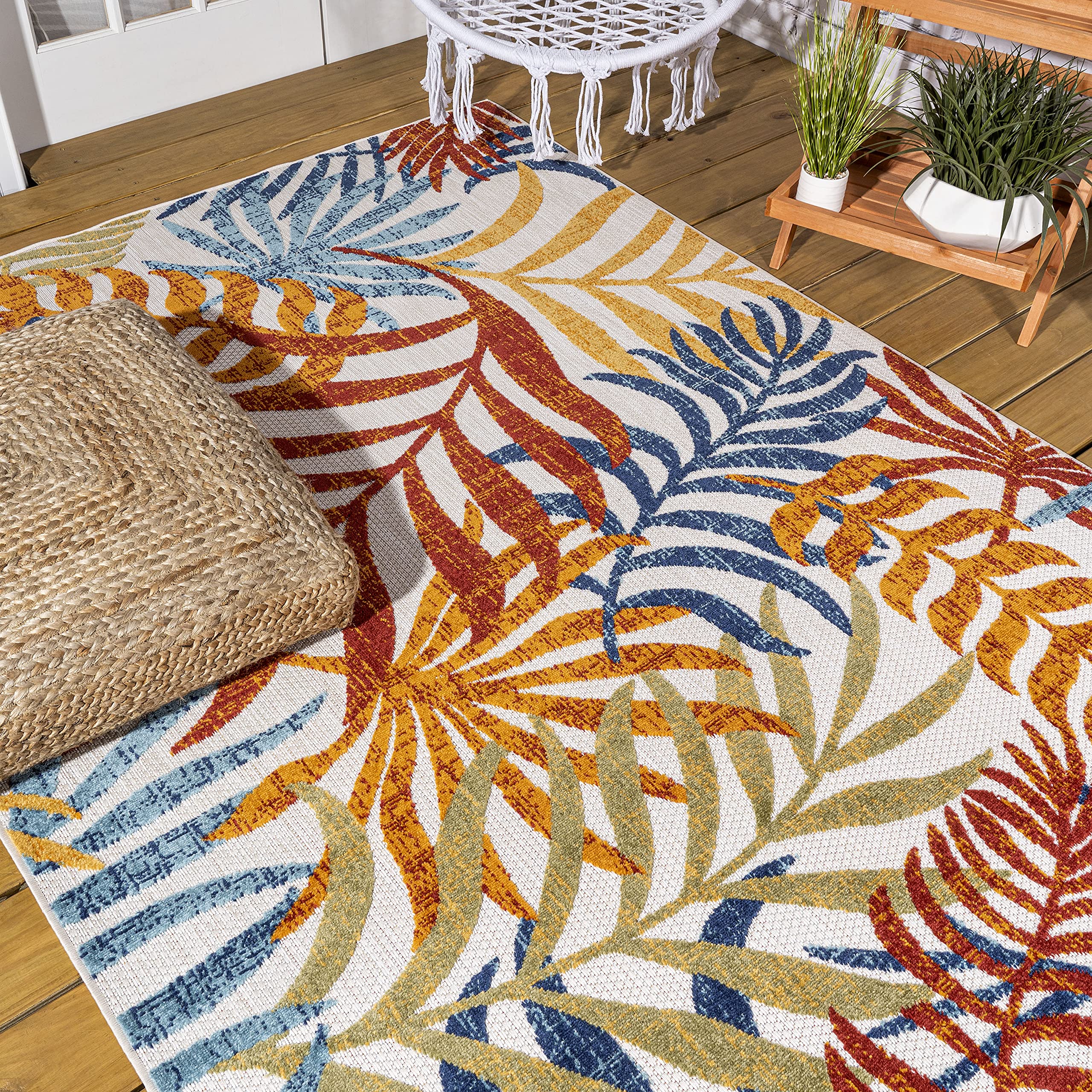 Jonathan Y Amc100B-3 Tropics Palm Leaves Indoor Outdoor Area Rug Bohemian Floral Easy Cleaning High Traffic Bedroom Kitchen Backyard Patio Porch Non Shedding, 3 X 5, Cream/Orange