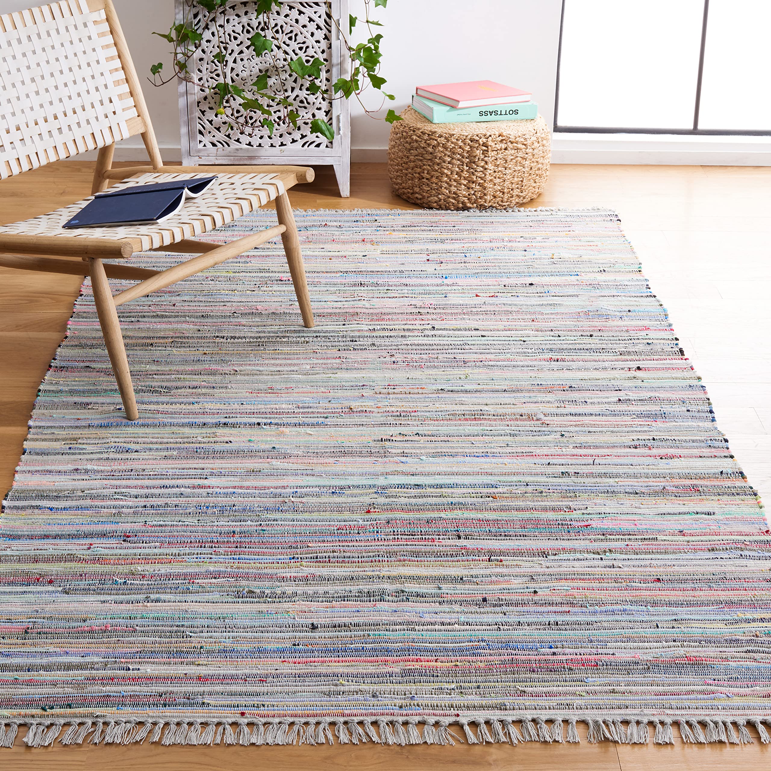 SAFAVIEH Rag Rug Collection Area Rug - 6 x 9, Grey & Multi, Handmade Boho Stripe Cotton, Ideal for High Traffic Areas in Livin