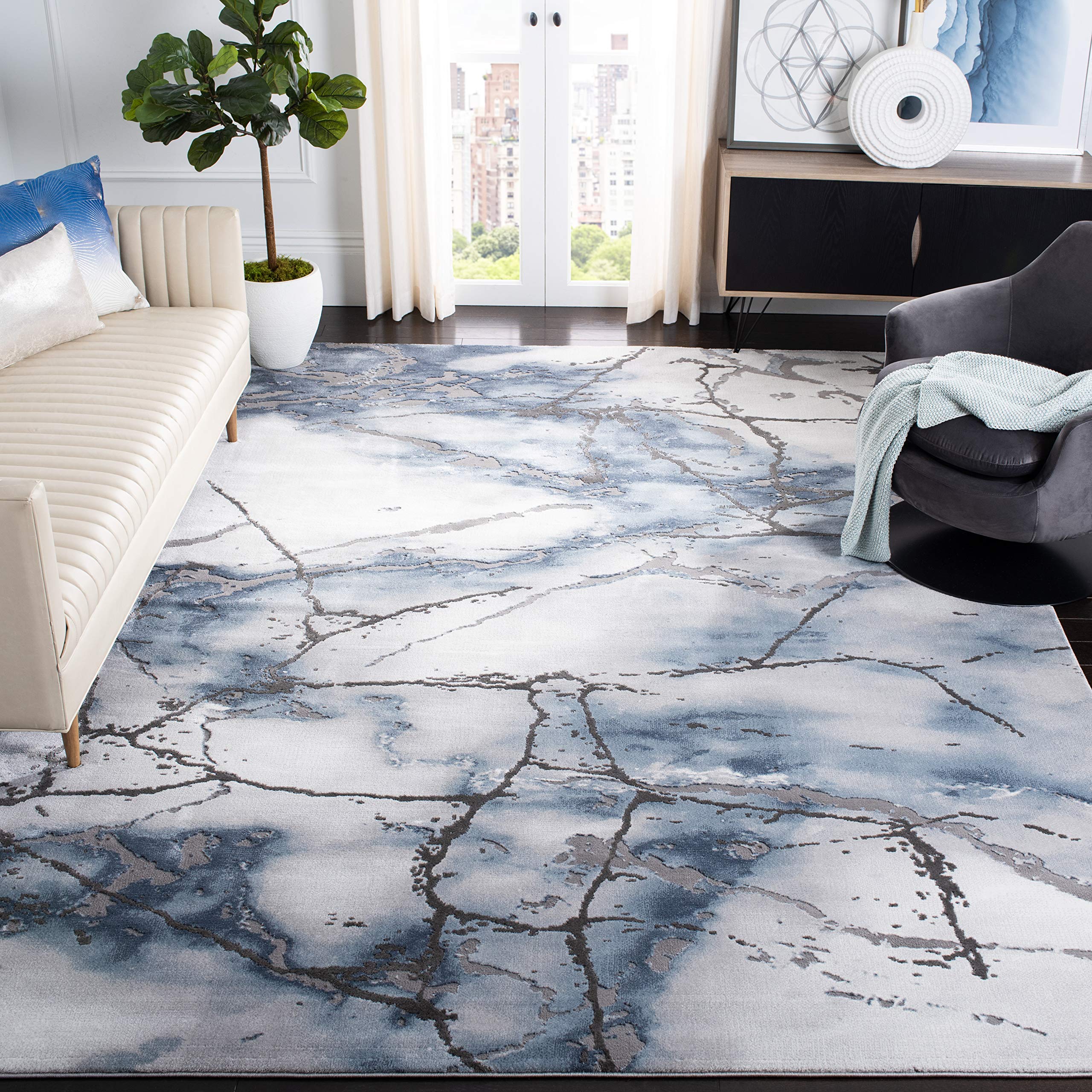 SAFAVIEH Craft Collection Area Rug - 9 x 12, Grey & Blue, Modern Abstract Design, Non-Shedding & Easy Care, Ideal for High Tra