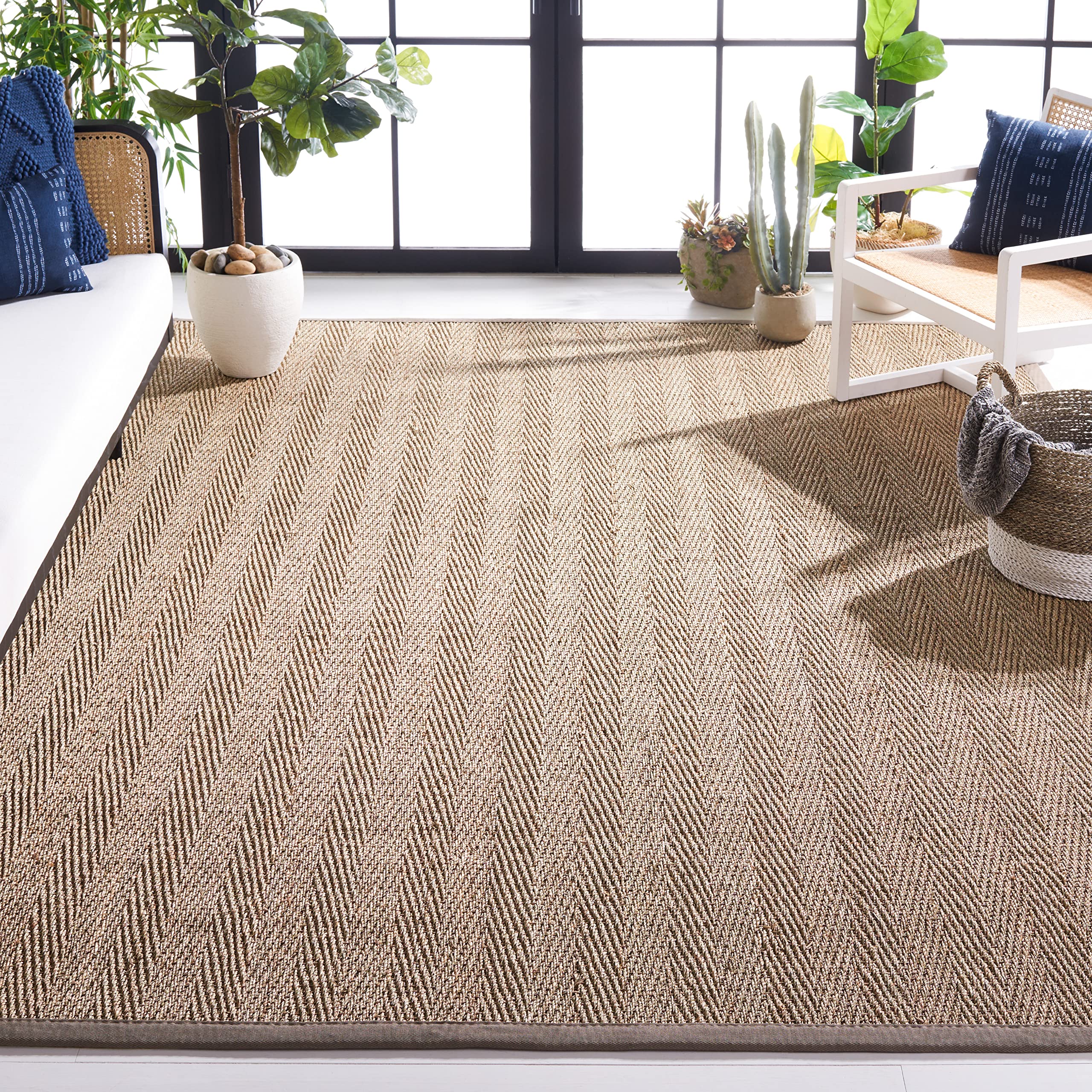 Safavieh Natural Fiber Collection Area Rug - 10 x 14, Natural & Grey, Border Herringbone Seagrass Design, Easy Care, Ideal for