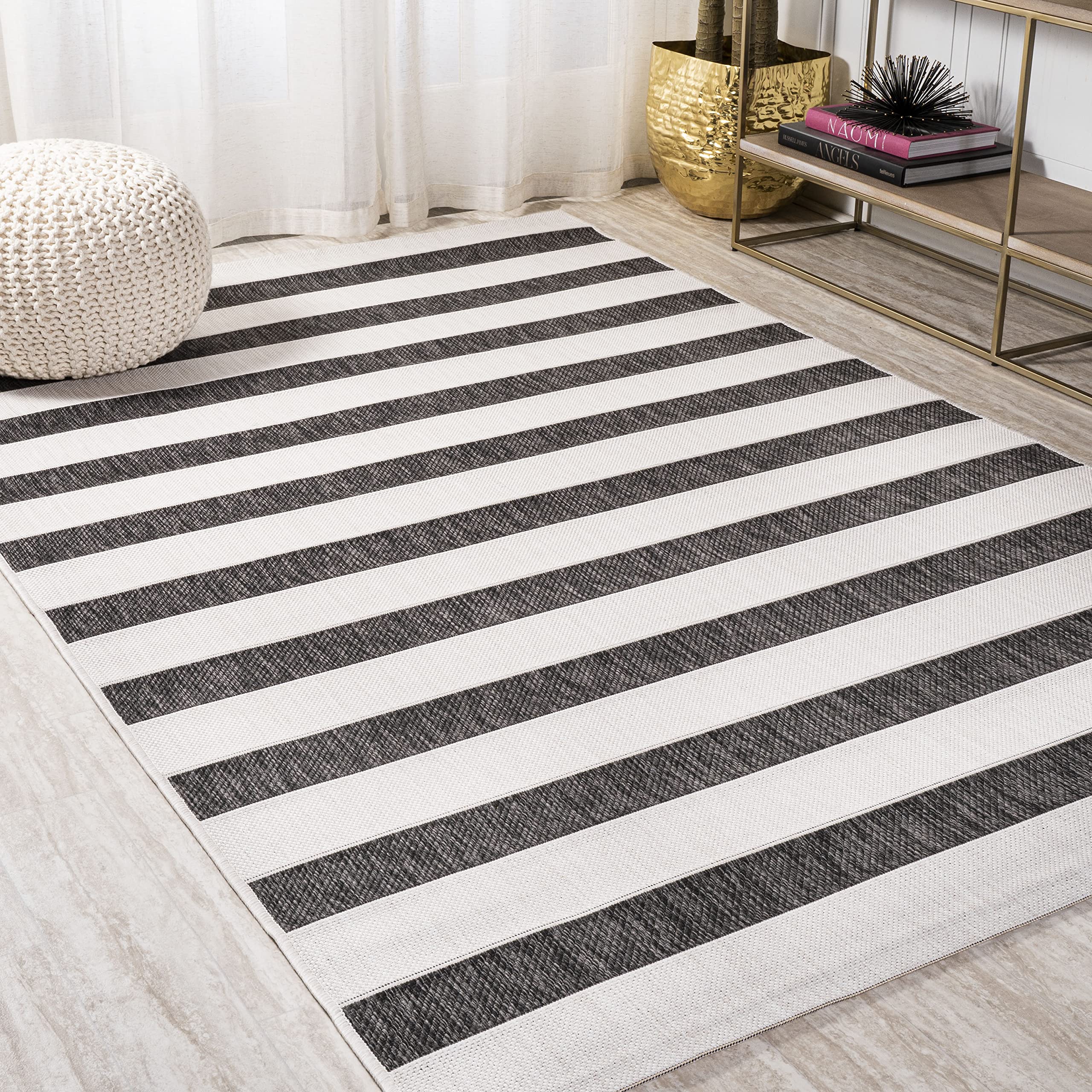 JONATHAN Y SMB112B-14 Aveiro Wide Stripe Black/Cream 10 ft. x 14 ft. Indoor/Outdoor Area Rug, Pet Friendly, Non-Shedding, Stain 