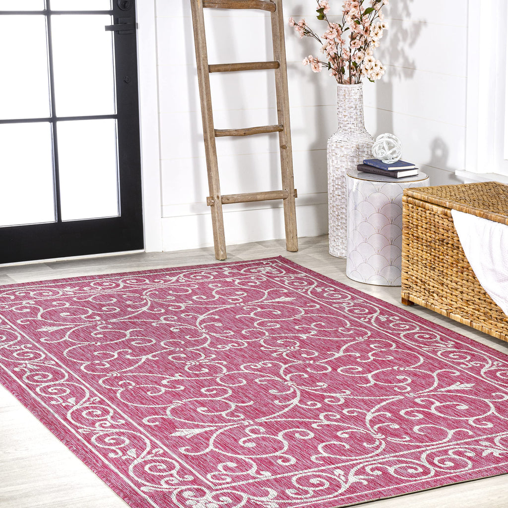 Jonathan Y Smb106J-9 Charleston Vintage Filigree Textured Weave Indoor Outdoor Area-Rug, Classic Traditional Easy-Cleaning,Bedroom,Kitchen,Backyard,Patio,Non Shedding, 9 X 12, Fuchsia/Light Gray
