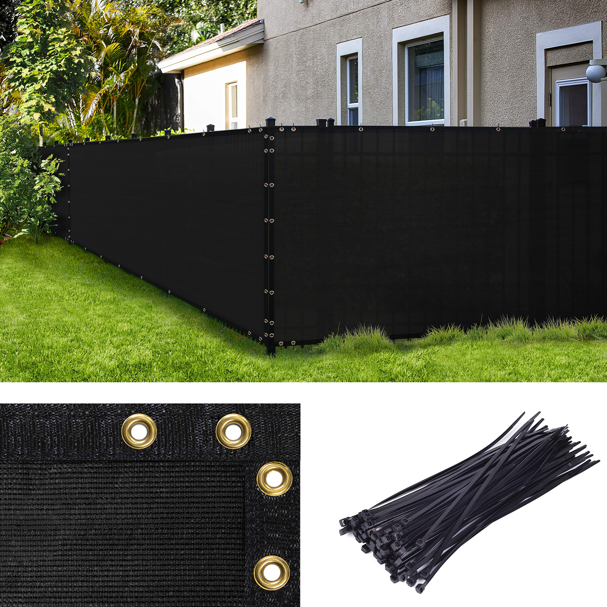 Amgo 5' X 50' Black Fence Privacy Screen, Commercial Standard Heavy Duty Windscreen With Bindings & Grommets, 90% Blockage, Cabl