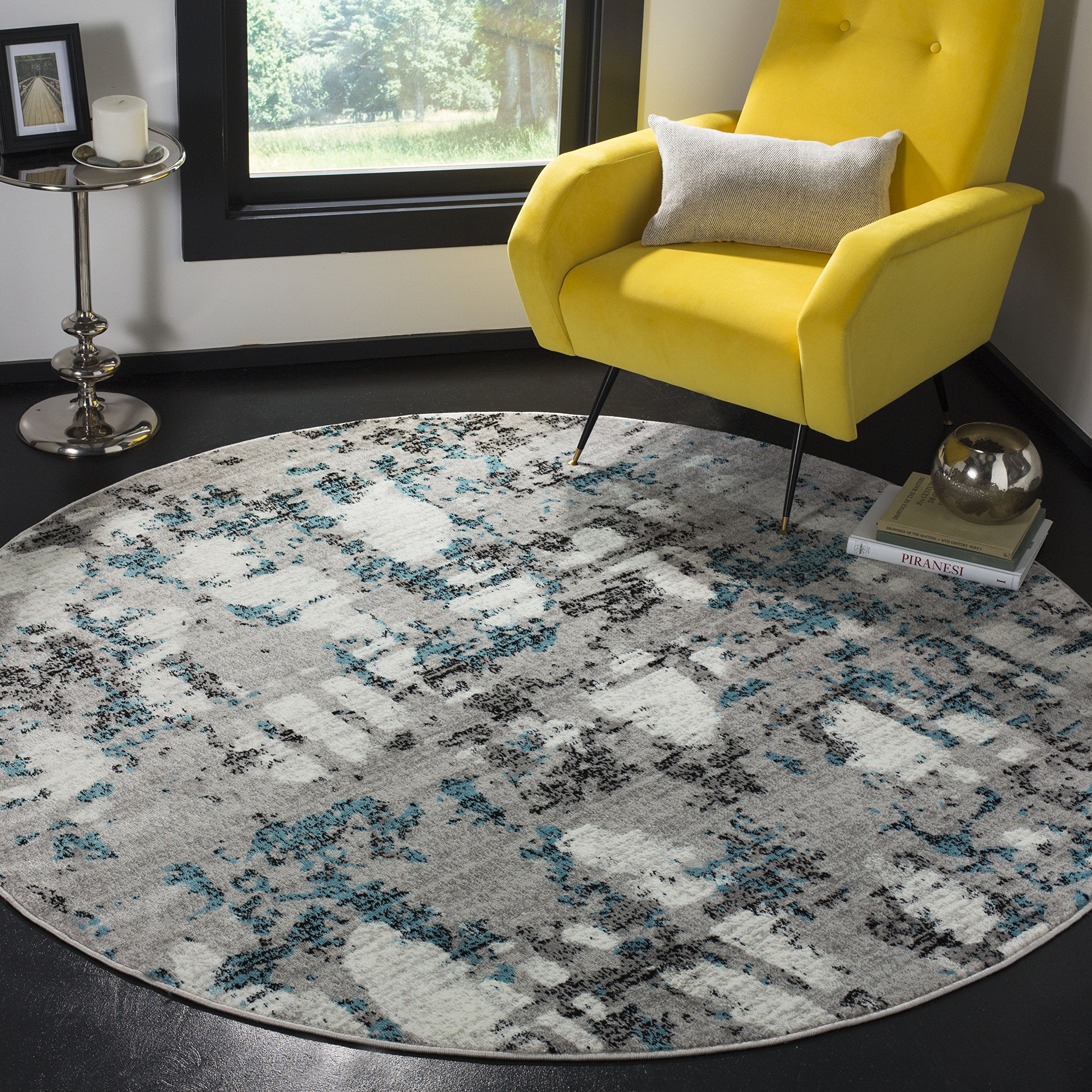 SAFAVIEH Skyler Collection 4 Round Grey/Blue SKY193B Modern Abstract Non-Shedding Dining Room Entryway Foyer Living Room Bedroo