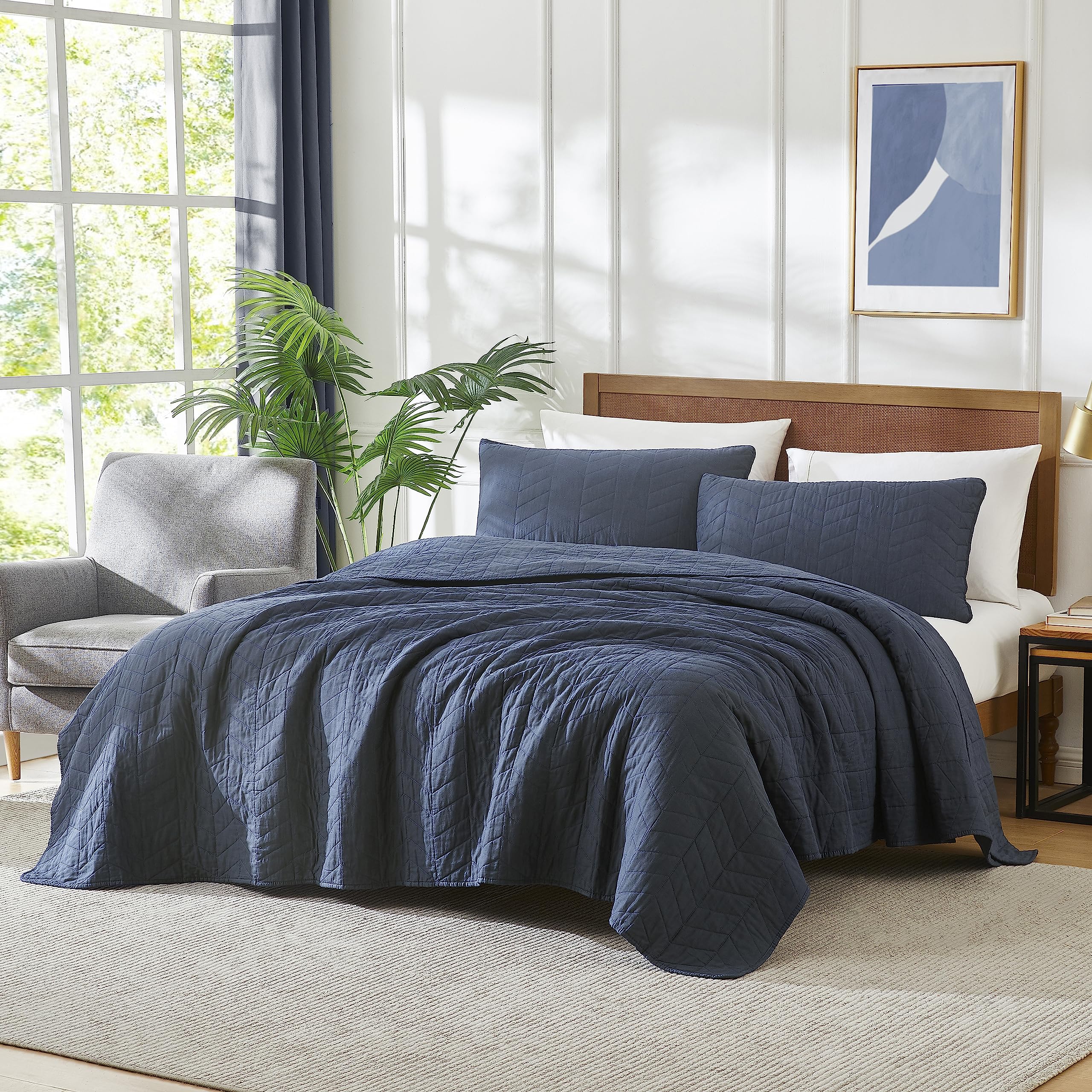 Palassio Navy Blue 100% Cotton Quilt King Size Bedding Sets With Pillow Shams, Lightweight Soft Bedspread Coverlet, Quilted Comf