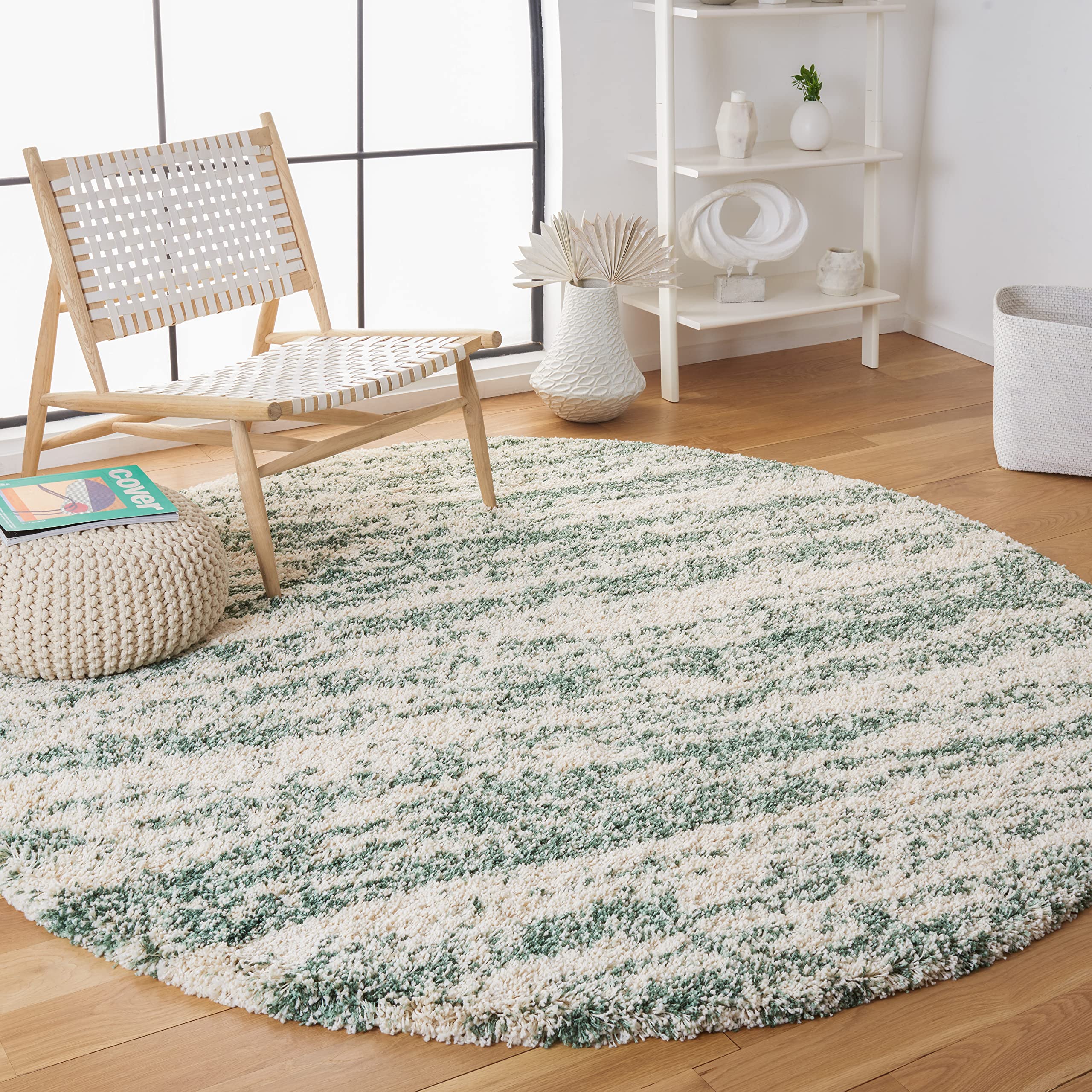 SAFAVIEH Hudson Shag Collection Area Rug - 7 Round, Ivory & Green, Modern Design, Non-Shedding & Easy Care, 2-inch Thick Ideal 