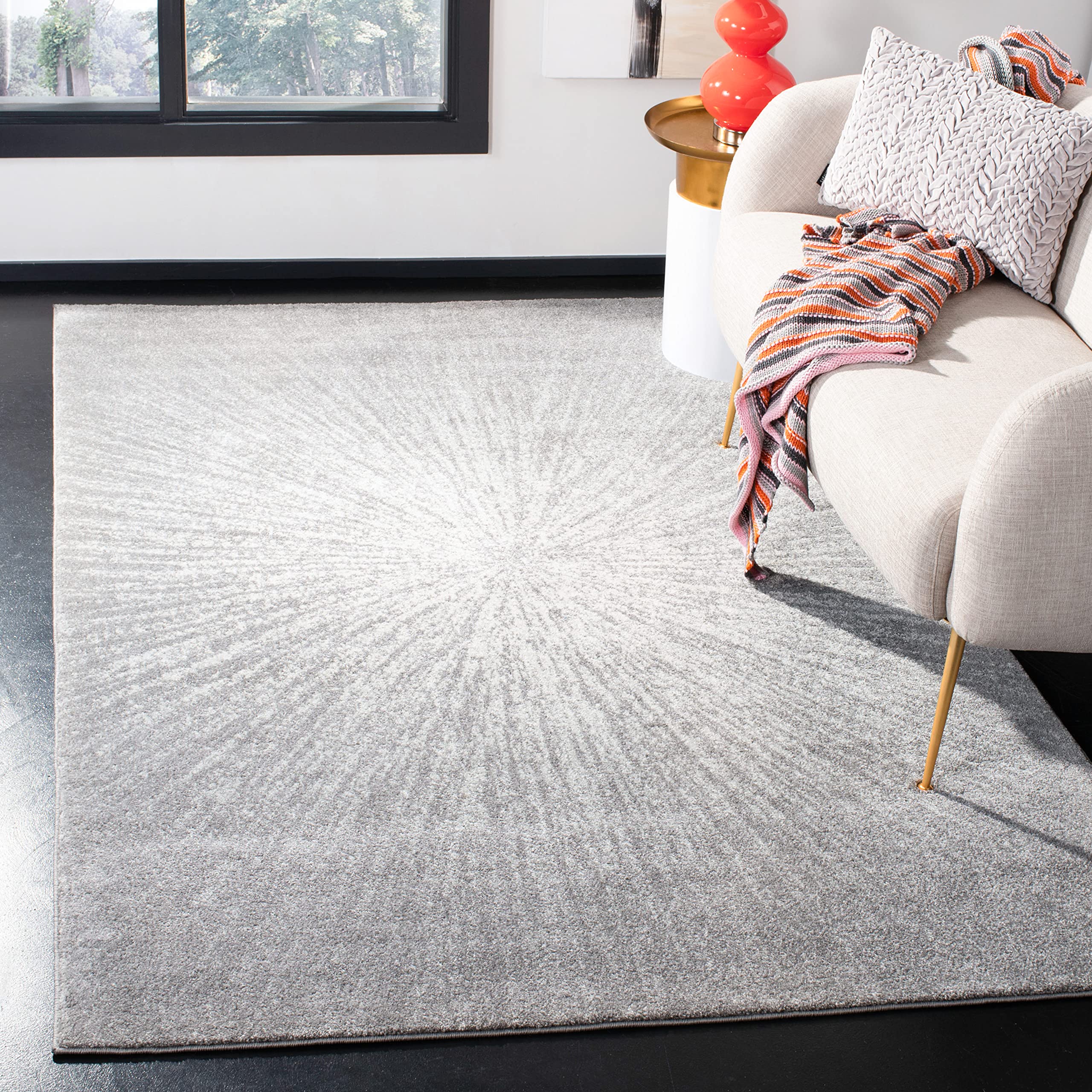 SAFAVIEH Evoke Collection Area Rug - 9 x 12, Dark Grey & Ivory, Abstract Burst Design, Non-Shedding & Easy Care, Ideal for Hig