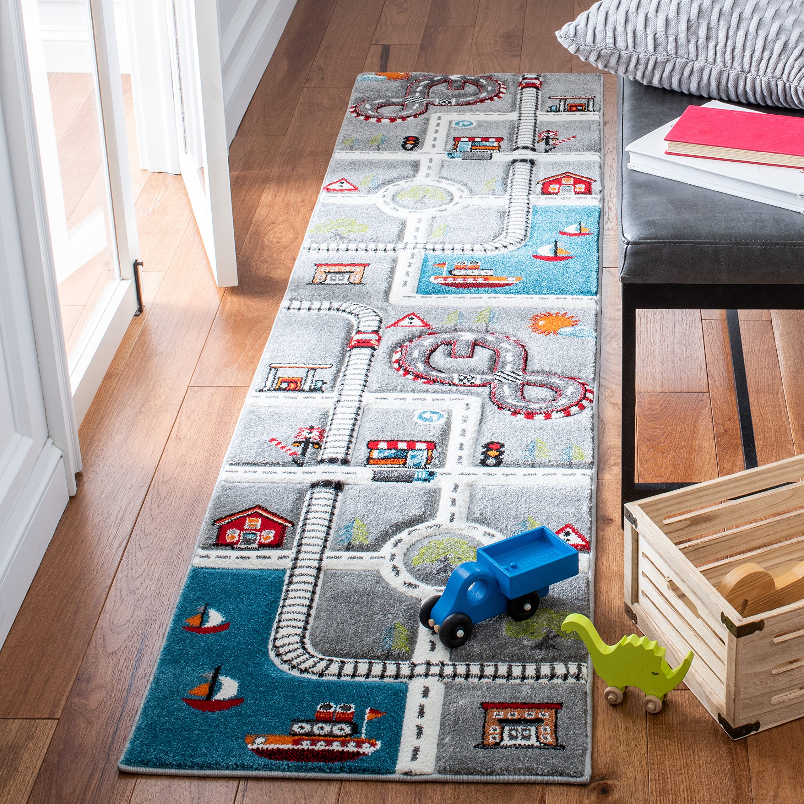SAFAVIEH Carousel Kids Collection Runner Rug - 23 x 10, Grey & Ivory, Non-Shedding & Easy Care, Ideal for High Traffic Areas f