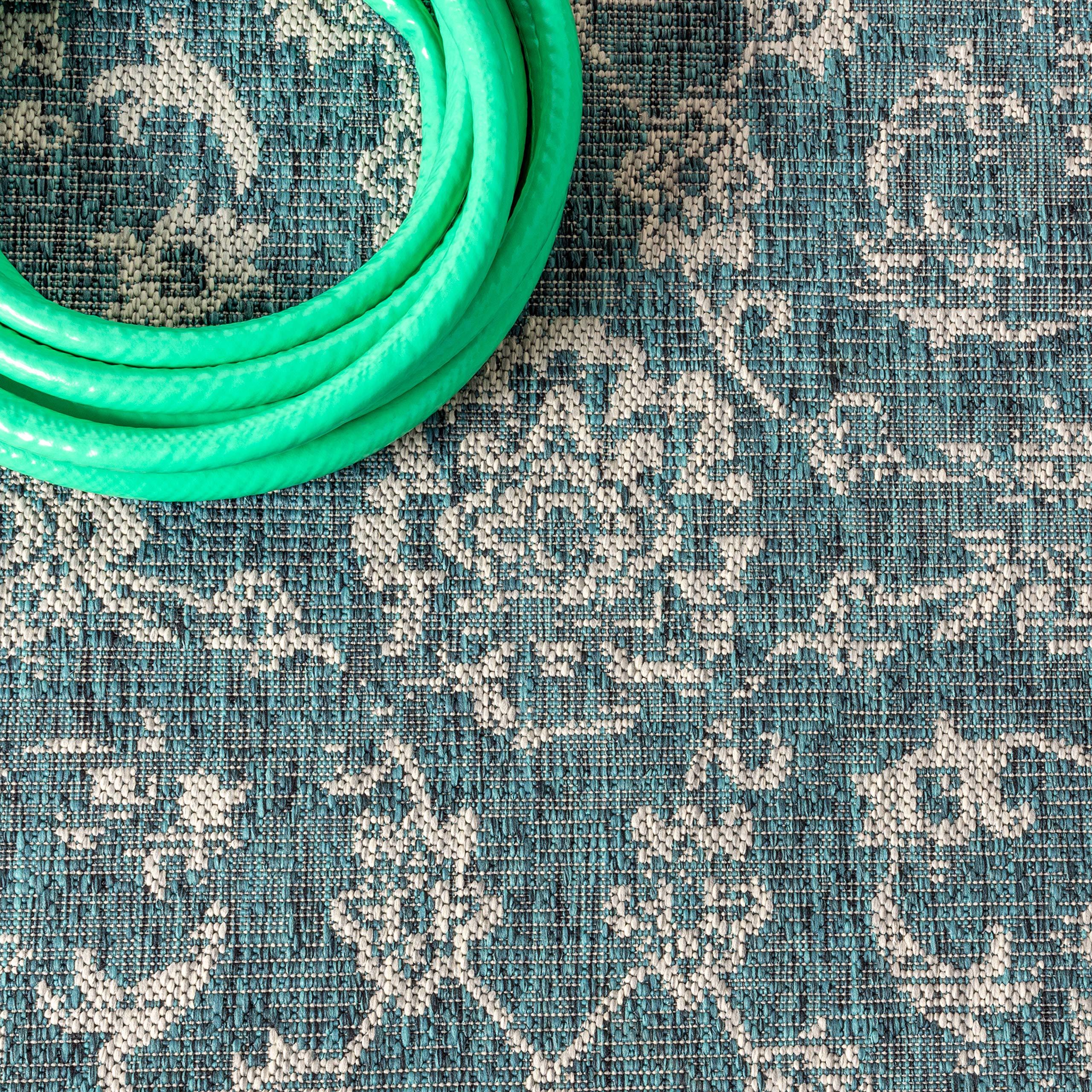 Jonathan Y Smb100C-210 Tela Bohemian Textured Weave Floral Indoor Outdoor Area-Rug Coastal Bohemian Vintage Rustic Glam Easy-Cleaning Bedroom Kitchen Backyard Patio Non Shedding, 2 X 10, Teal/Gray