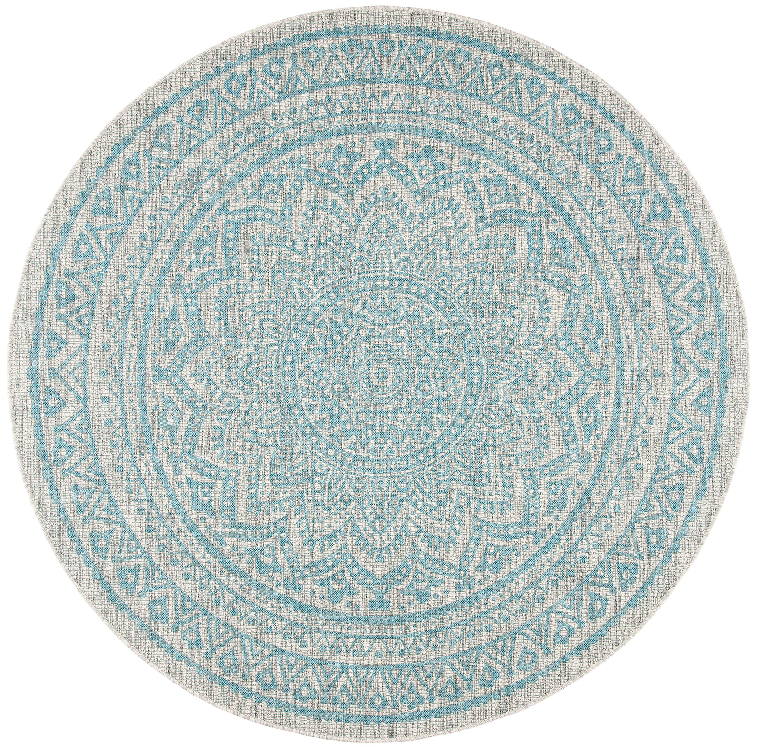 Safavieh Courtyard Collection 9' Round Light Grey / Aqua Cy8734 Indoor/ Outdoor Waterproof Easy Cleaning Patio Backyard Mudroom Area Rug