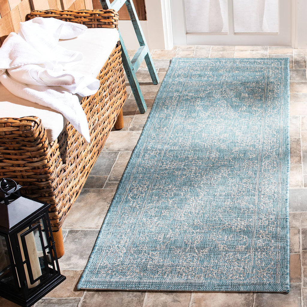 Safavieh Courtyard Collection 2'3' X 6'7' Aqua/Grey Cy8680 Indoor/ Outdoor Patio Backyard Mudroom Runner Rug