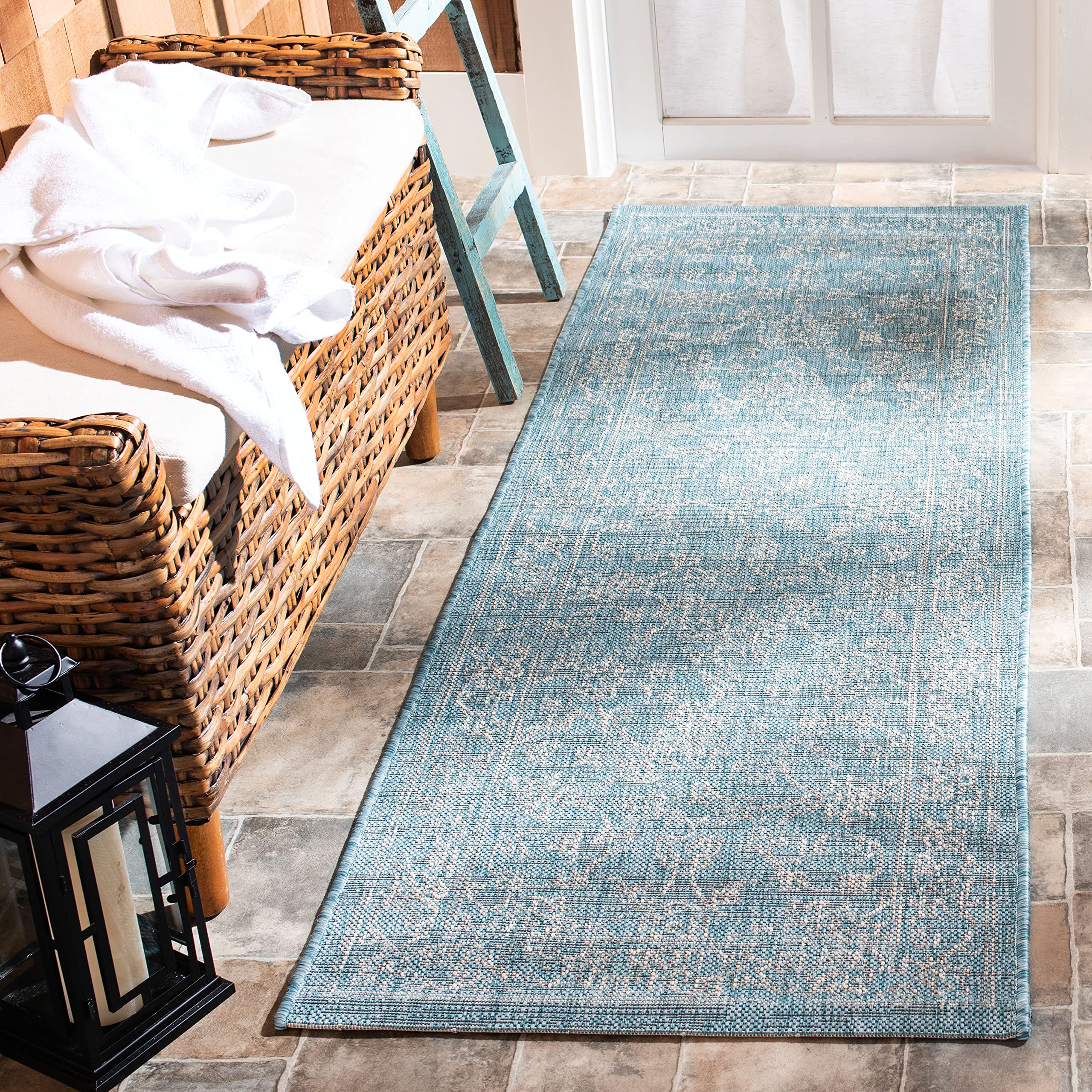 Safavieh Courtyard Collection 2'3' X 6'7' Aqua/Grey Cy8680 Indoor/ Outdoor Patio Backyard Mudroom Runner Rug
