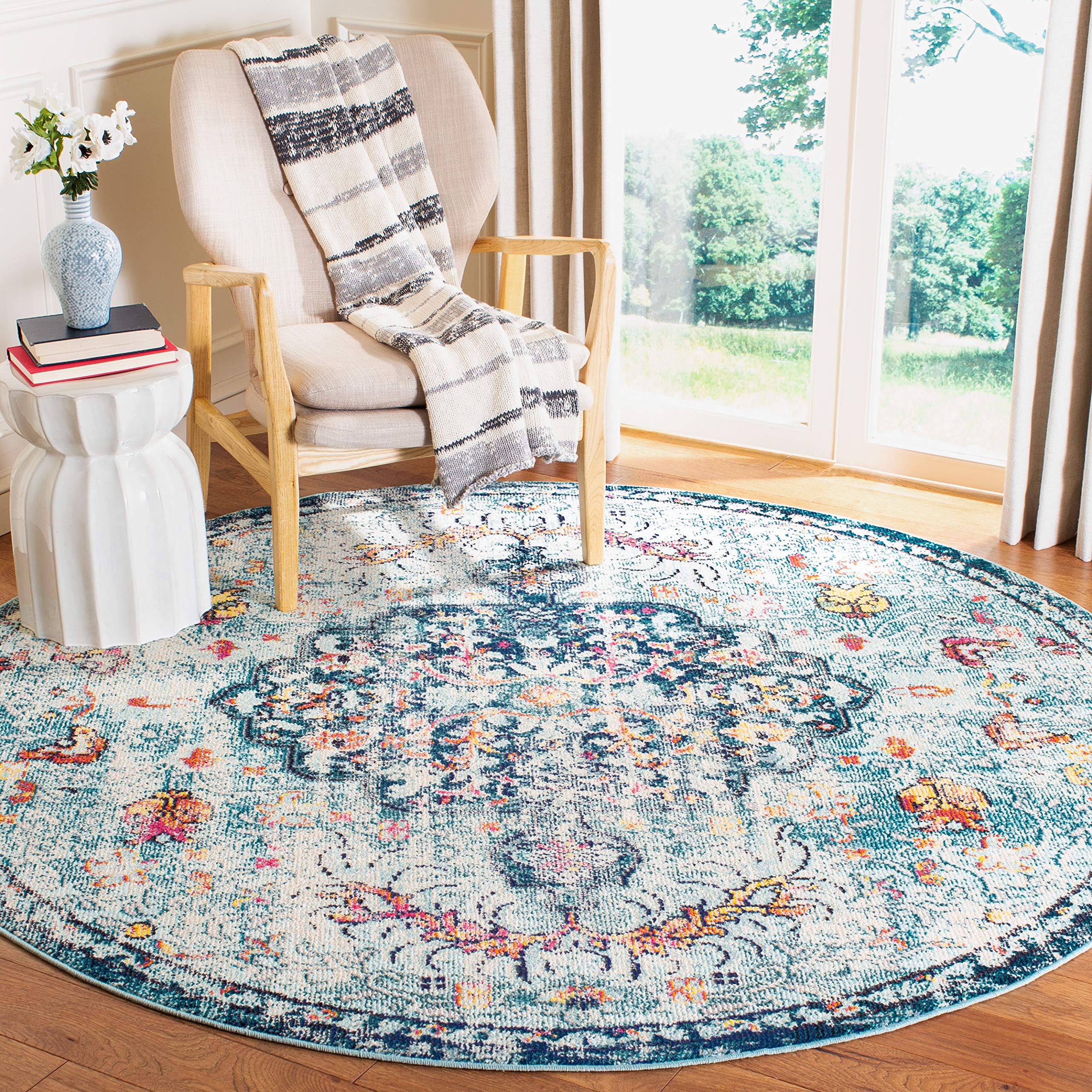 SAFAVIEH Madison Collection 11 Round Navy/Light Blue MAD447K Boho Chic Medallion Distressed Non-Shedding Dining Room Entryway F