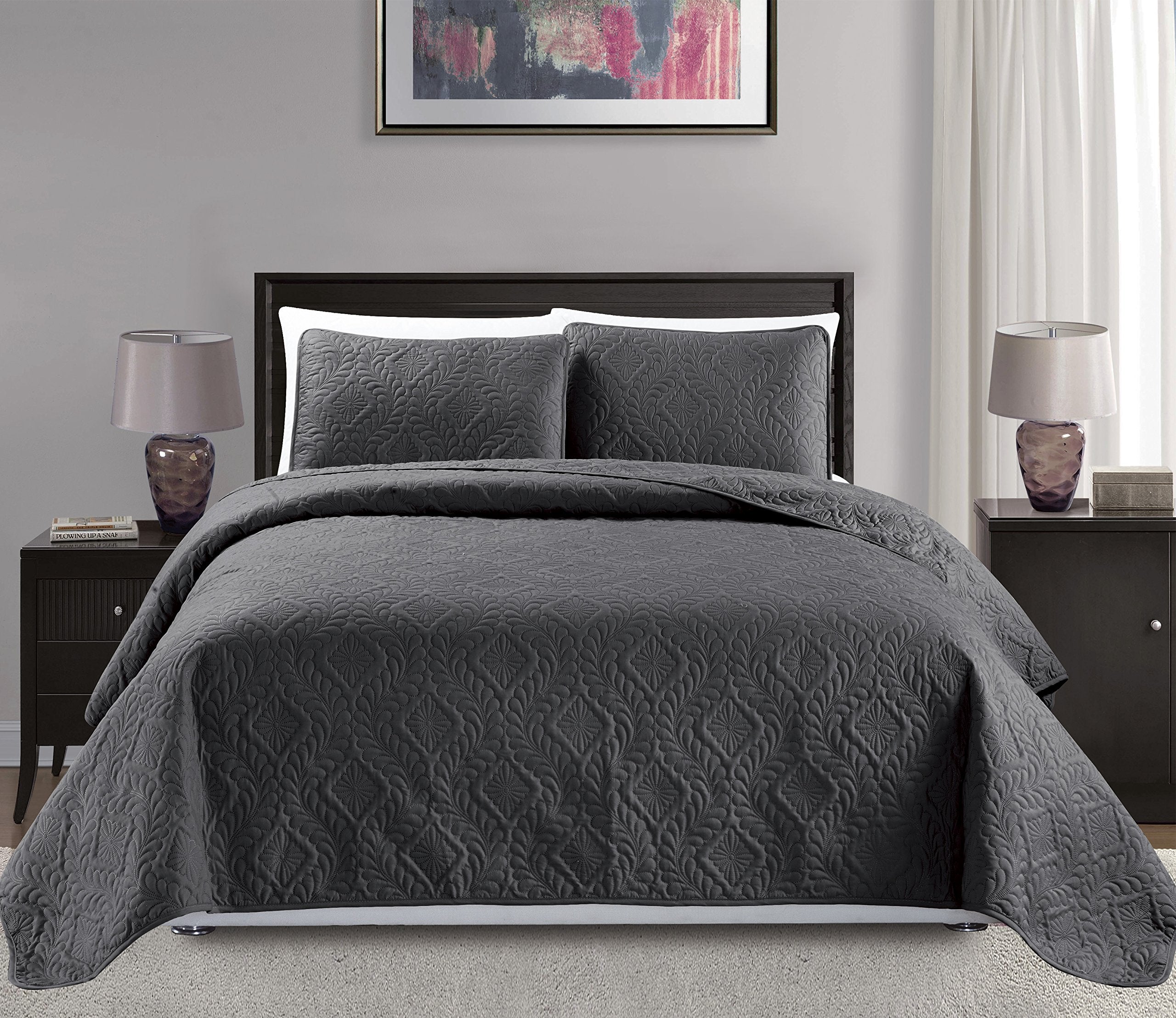 Mk Collection Diamond Bedspread Bed-Cover Embossed Solid Over Size New (King/California King, Dark Grey/Charcoal)