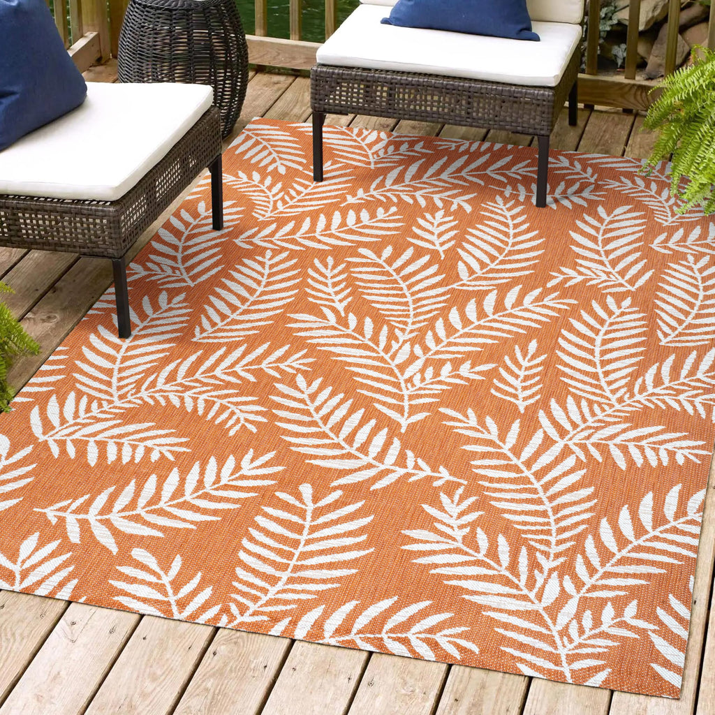 Jonathan Y Smb119E-5 Nevis Palm Frond Indoor Outdoor Area-Rug, Coastal Casual Country & Floral Easy-Cleaning,Bedroom,Kitchen,Backyard,Patio,Non Shedding, 5 X 8, Orange/Cream