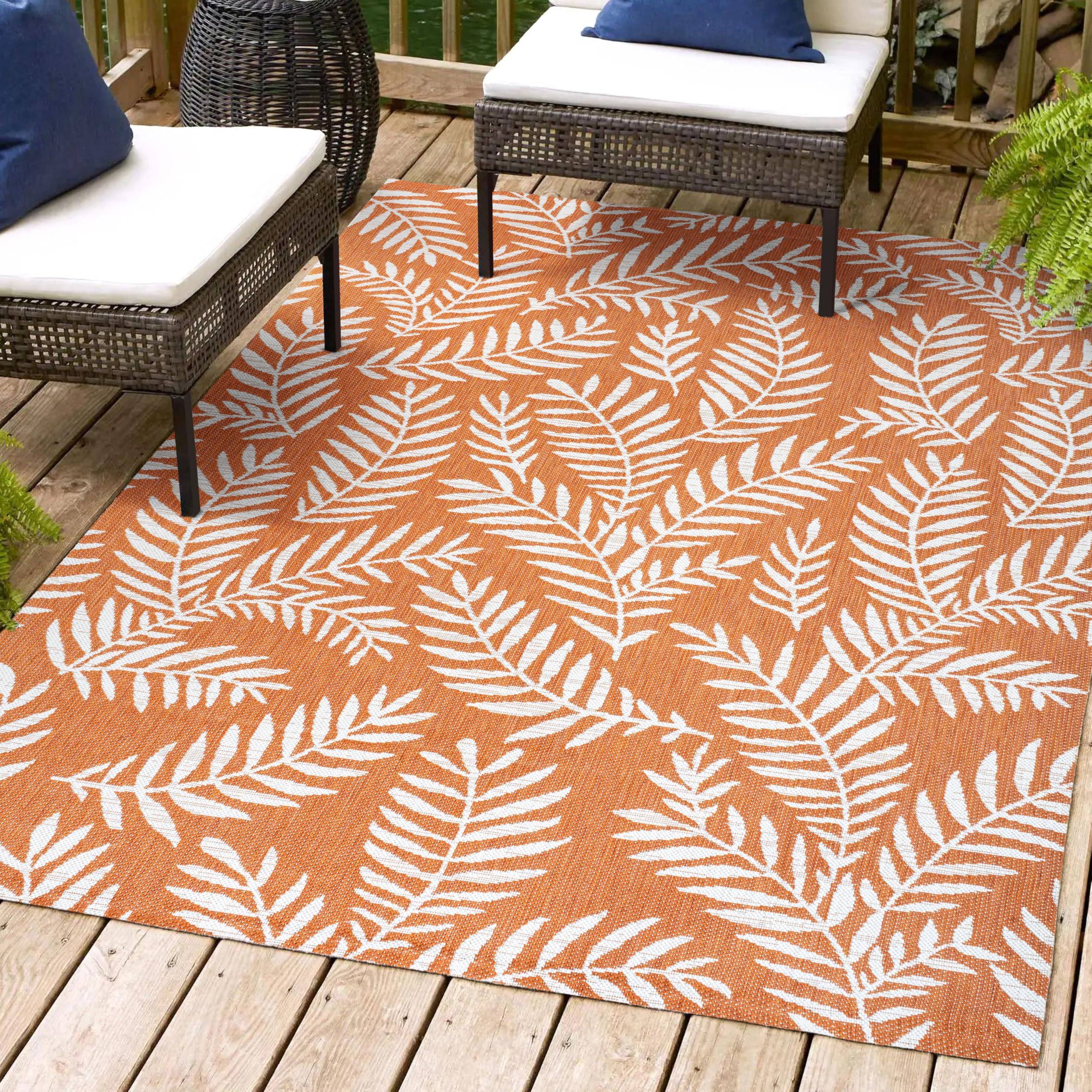 Jonathan Y Smb119E-8 Nevis Palm Frond Indoor Outdoor Area-Rug, Coastal Casual Country & Floral Easy-Cleaning,Bedroom,Kitchen,Backyard,Patio,Non Shedding, 8 X 10, Orange/Cream
