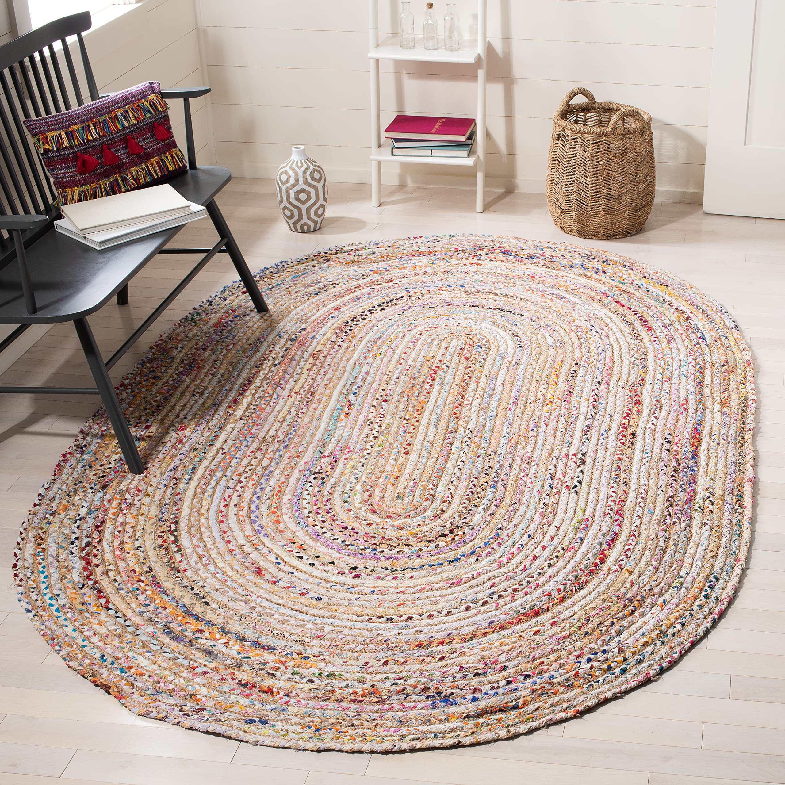 SAFAVIEH Cape Cod Collection Area Rug - 4 x 6 Oval, Beige & Multi, Handmade Boho Braided Jute & Cotton, Ideal for High Traffic