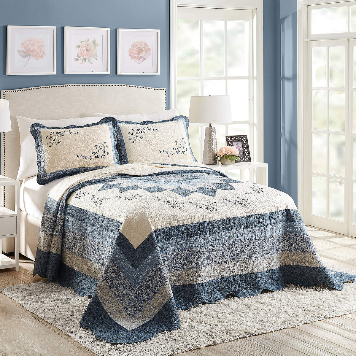 Modern Heirloom Charlotte Embroidered Quilted Bedspread - Lightweight Breathable All Seasons Bedding, Full, Blue