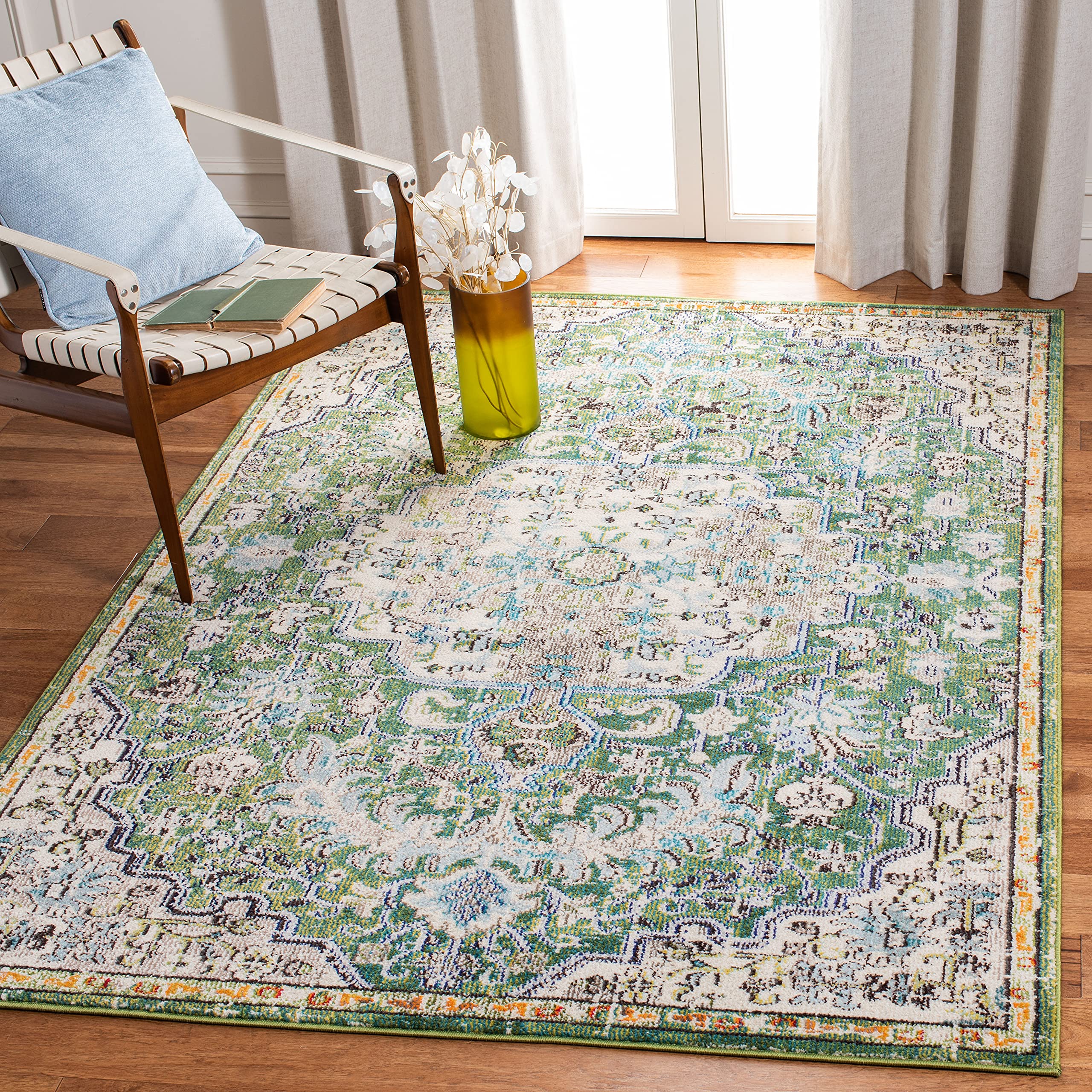 SAFAVIEH Madison Collection 3 Square Green / Turquoise MAD447Y Boho Chic Medallion Distressed Non-Shedding Living Room Bedroom 