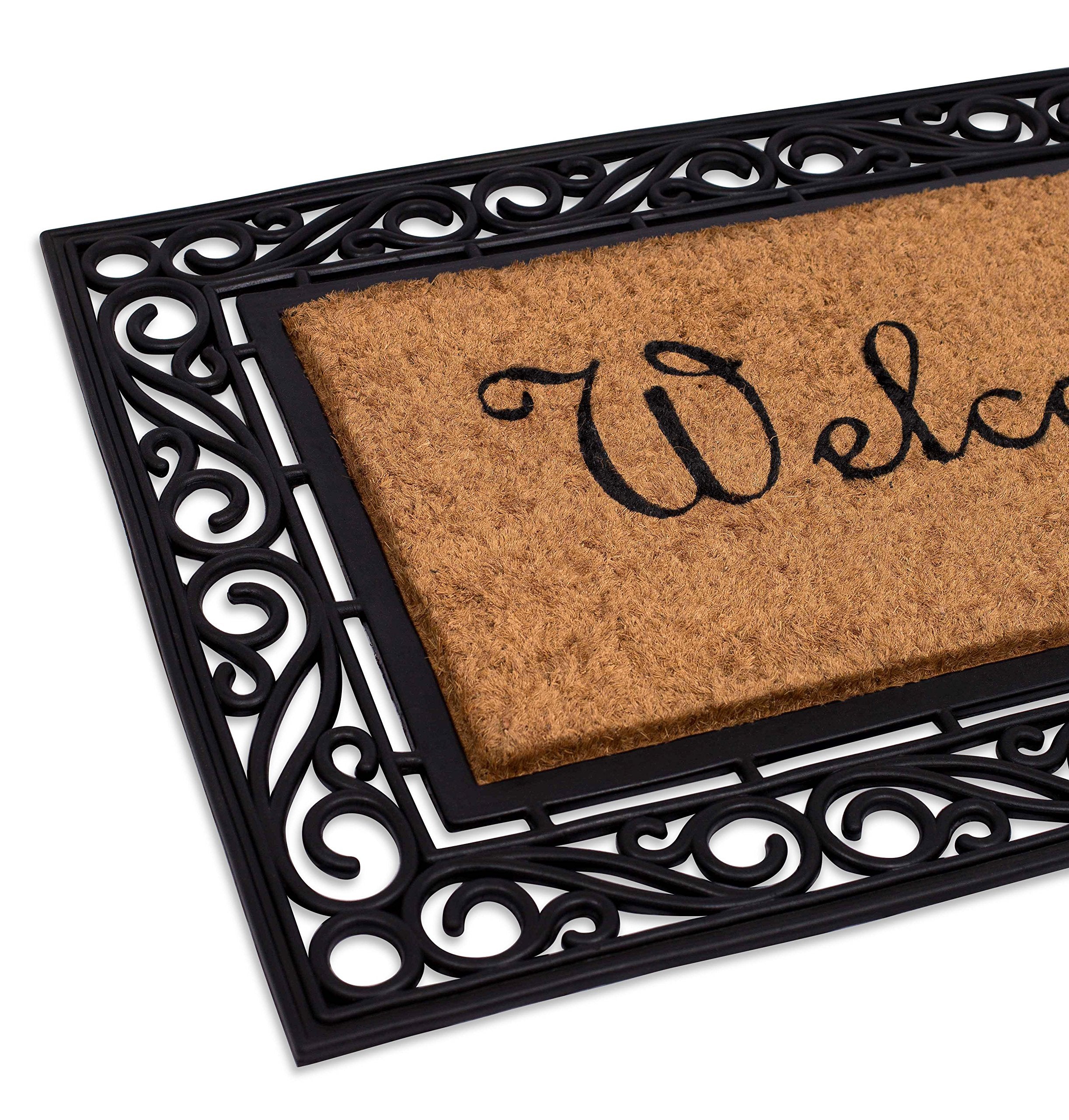 Birdrock Home - Classic Welcome Brush Coir Doormat - Vinyl Backed, Waterproof, Dirt Trapper, Heavy Duty - Indoor/Outdoor Entry, Porch, Garage, Scroll Border, Mud Catching, House Mats - Elegant Design