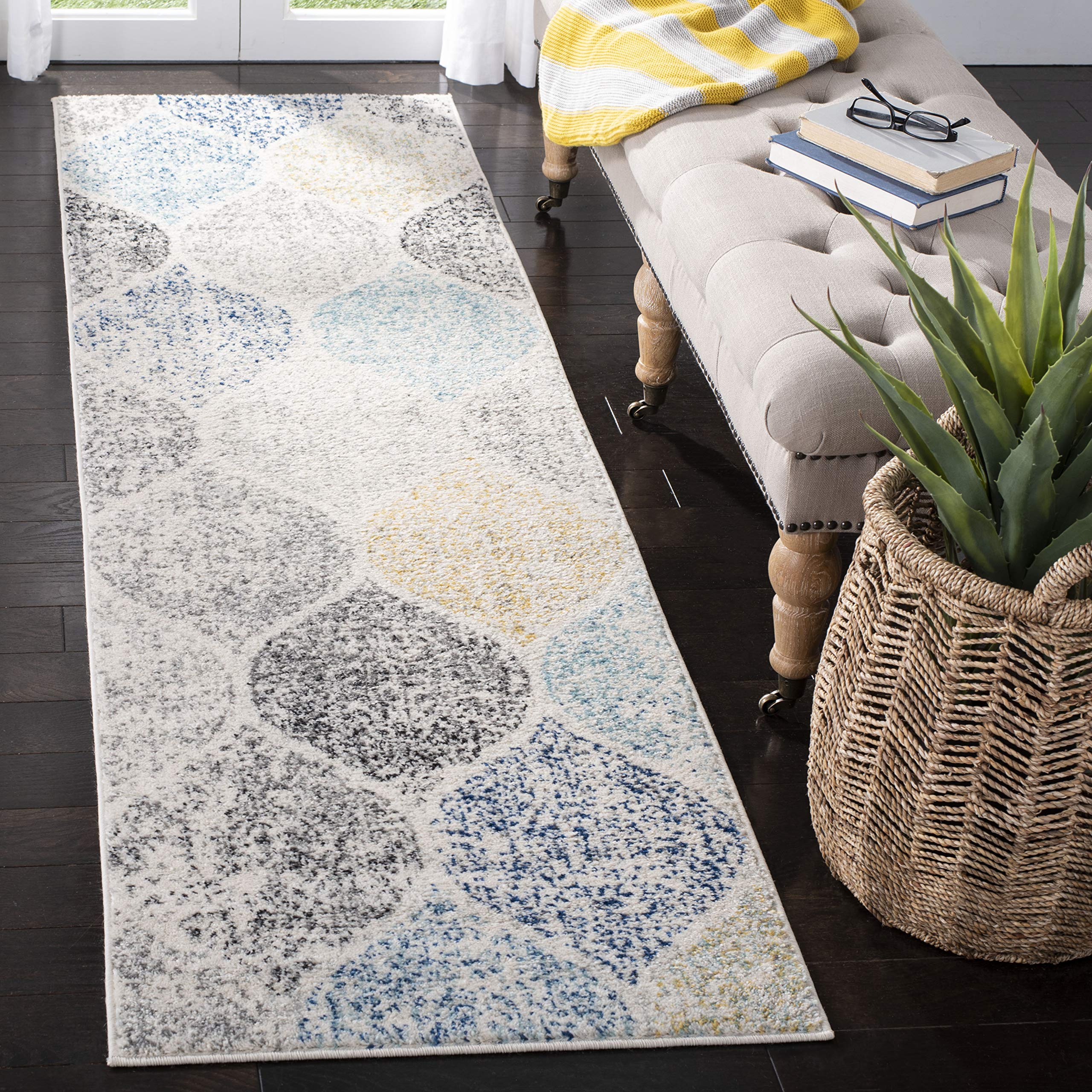 SAFAVIEH Madison Collection Runner Rug - 23 x 6, Ivory & Blue, Glam Ogee Trellis Distressed Design, Non-Shedding & Easy Care, 