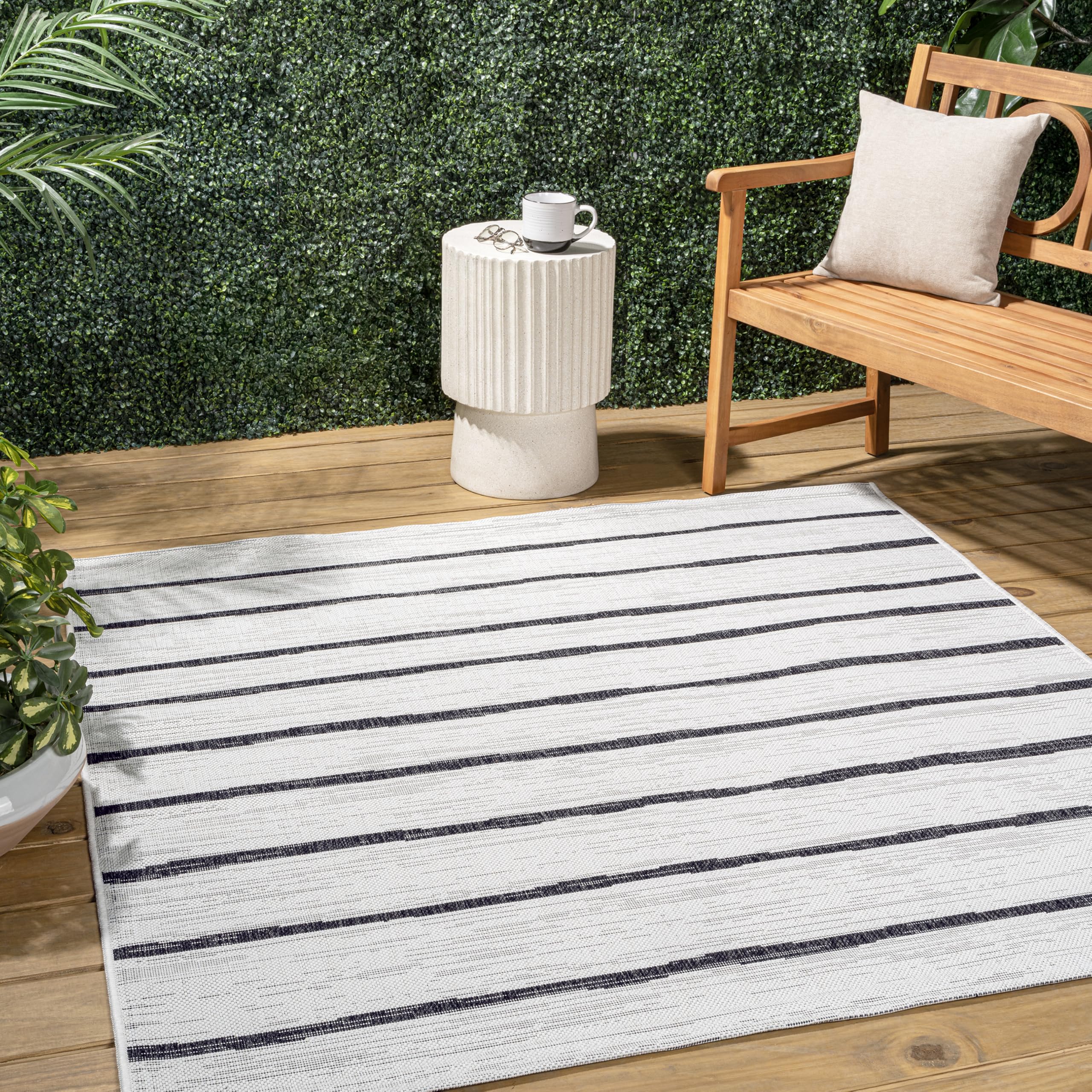 JONATHAN Y SMB125D-4SQ Colonia Berber Stripe Ivory/Black 4 Square Indoor/Outdoor Area Rug, Pet Friendly, Non-Shedding, Stain Re