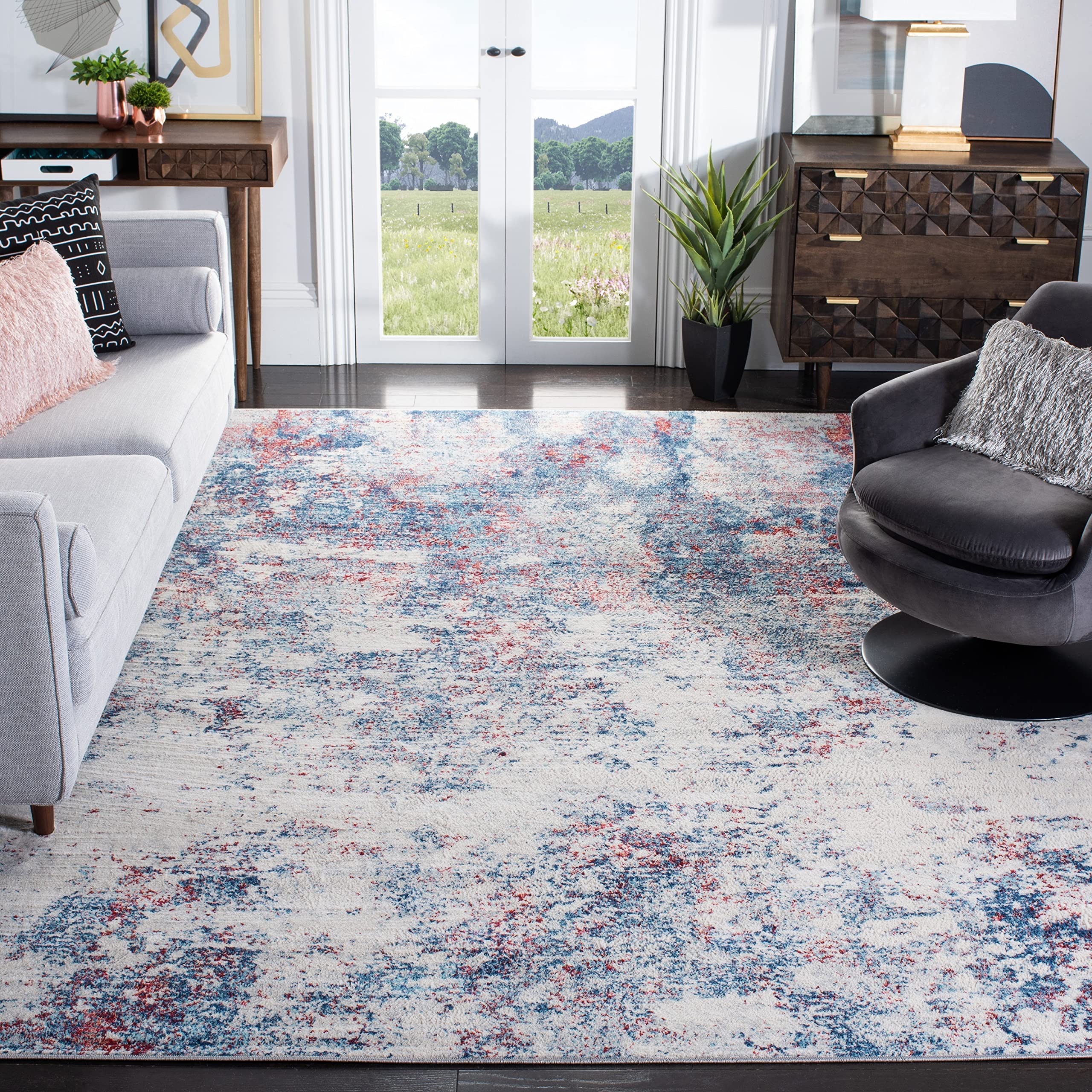 SAFAVIEH Brentwood Collection 8 x 10 Navy / Red BNT822N Modern Abstract Non-Shedding Living Room Bedroom Dining Home Office Ar