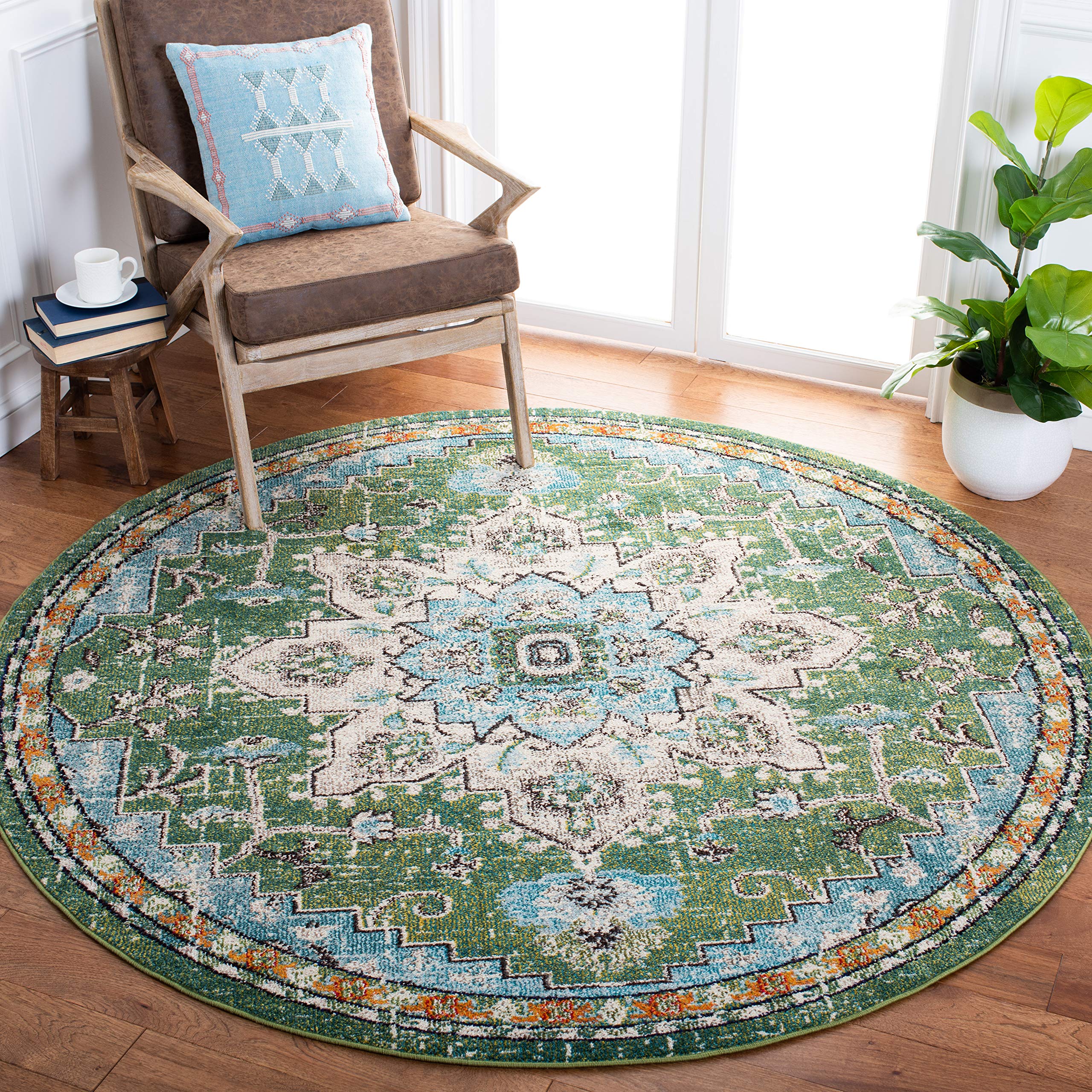 SAFAVIEH Madison Collection Area Rug - 8 Round, Green & Turquoise, Boho Chic Medallion Distressed Design, Non-Shedding & Easy C