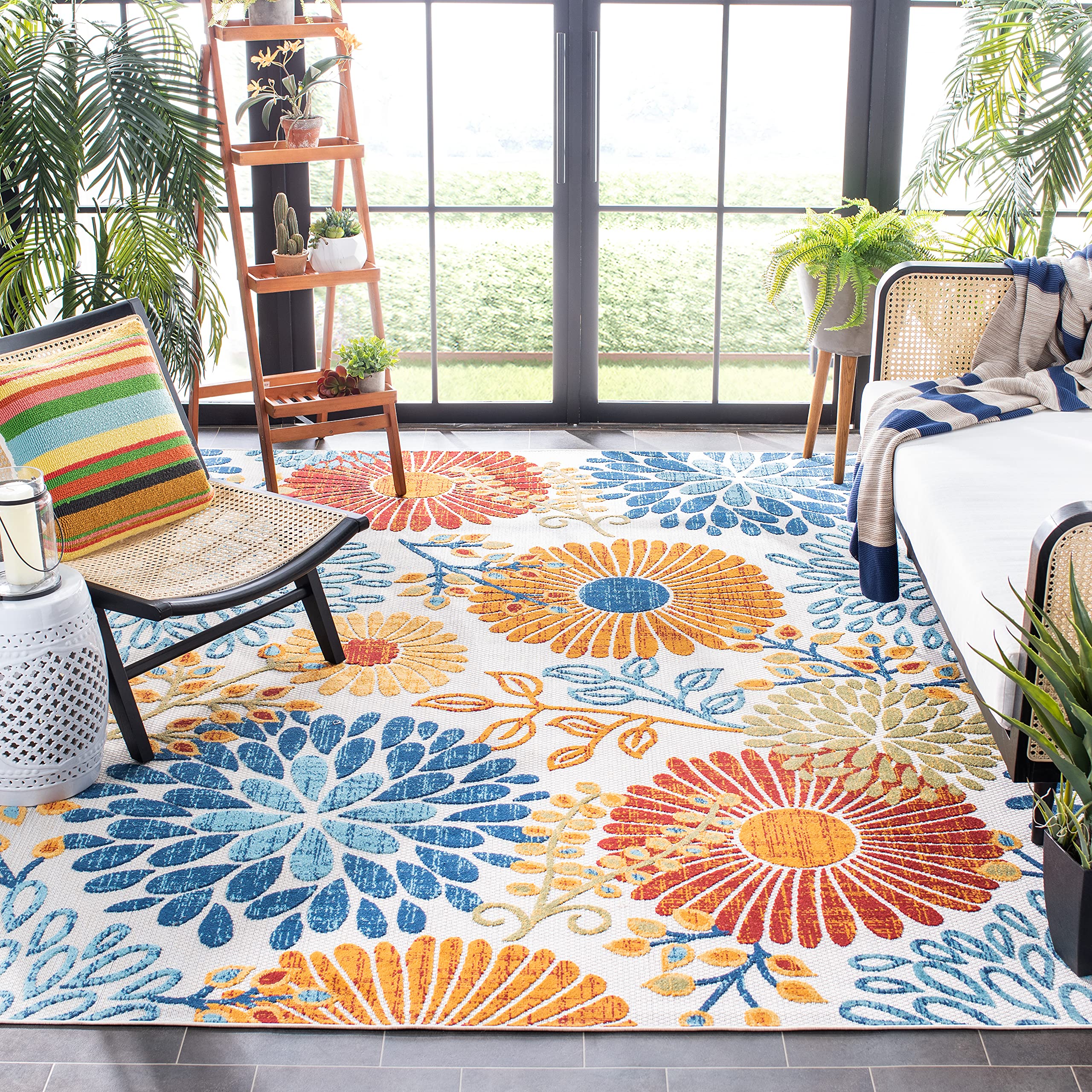 SAFAVIEH Cabana Collection Area Rug - 10 x 14, Creme & Red, Floral Design, Non-Shedding & Easy Care, Indoor/Outdoor & Washable