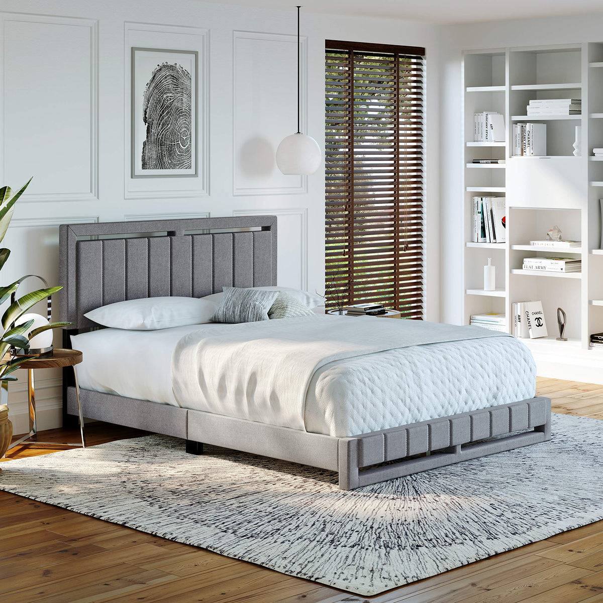 Boyd Sleep Beaumont Upholstered Platform Bed with Headboard, Mattress Foundation with Strong 14 Wood Slat Supports, No Box Spring Required, Gray Linen, Size Queen