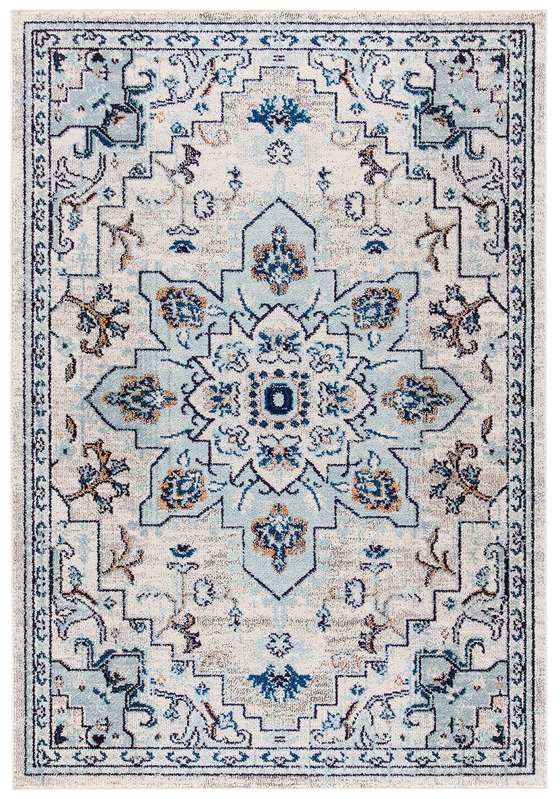 SAFAVIEH Madison Collection Accent Rug - 22 x 4, Ivory & Light Blue, Medallion Distressed Design, Non-Shedding & Easy Care, Id