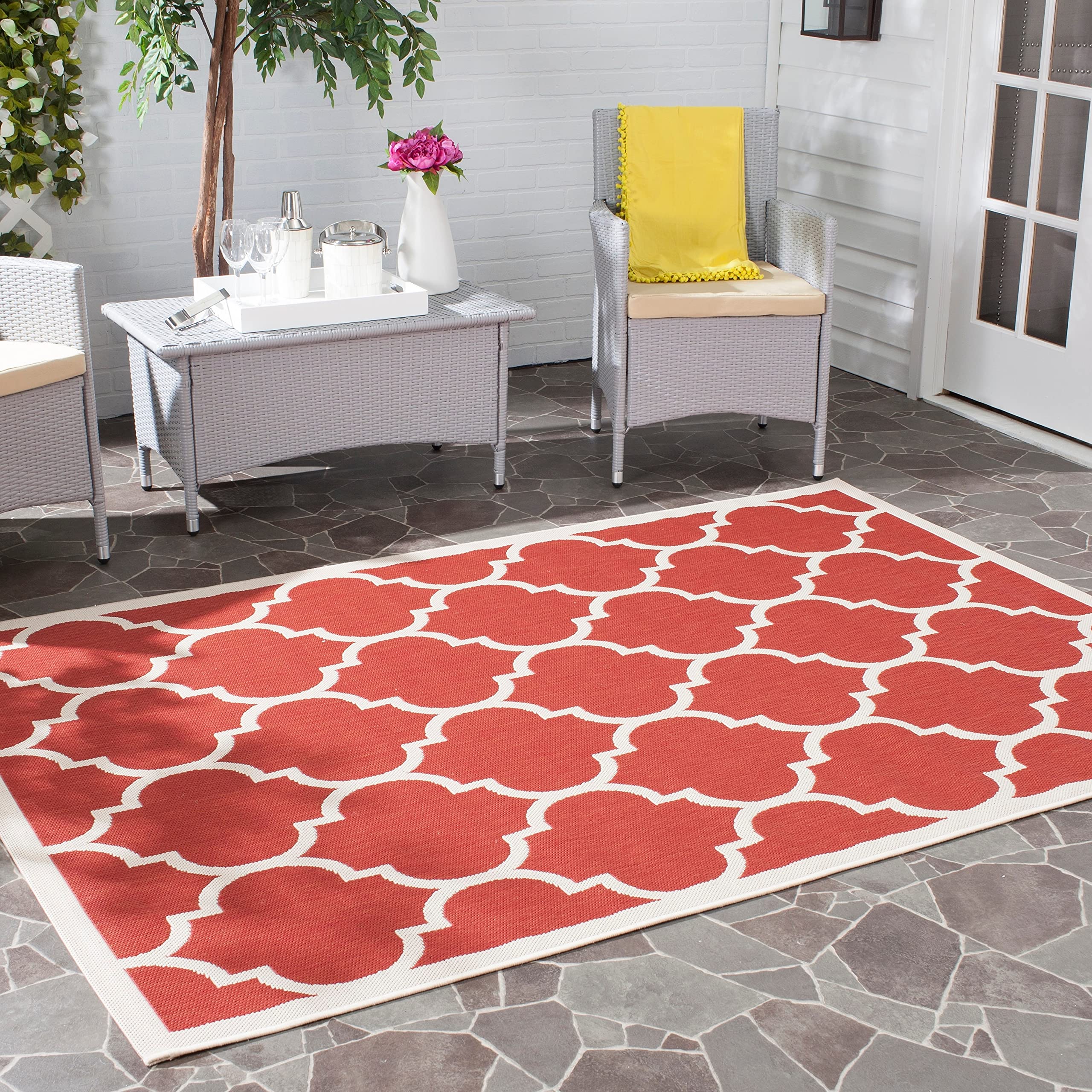 Safavieh Courtyard Collection 6'7' Square Red/Bone Cy6914 Trellis Indoor-Outdoor Waterproof Easy-Cleaning Patio Backyard Mudroo