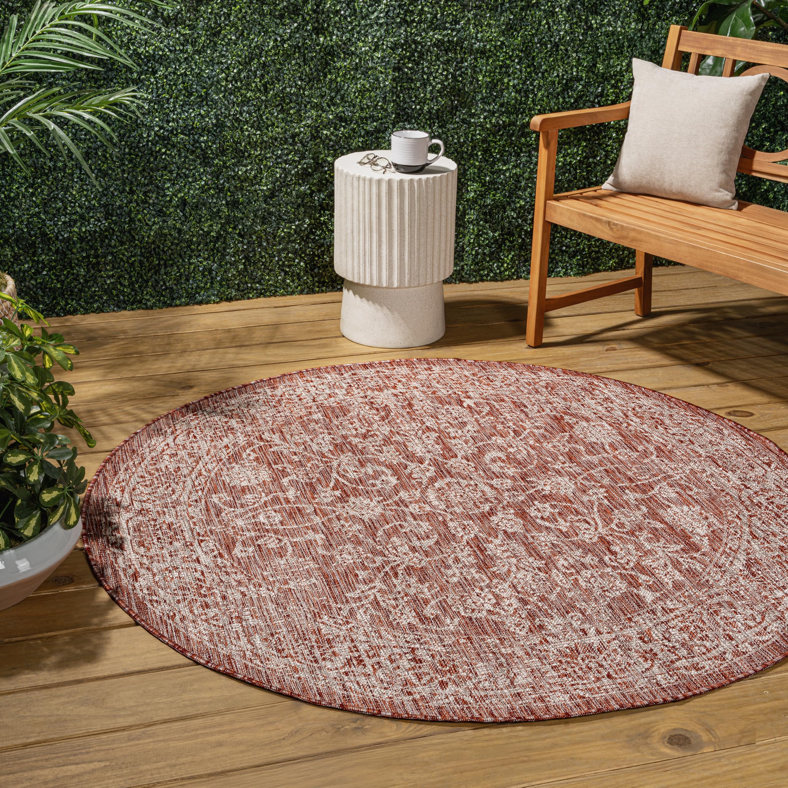 Jonathan Y Smb100A-8R Tela Bohemian Textured Weave Floral Red/Taupe 8' Round Indoor/Outdoor Area Rug, Pet Friendly, Non-Shedding