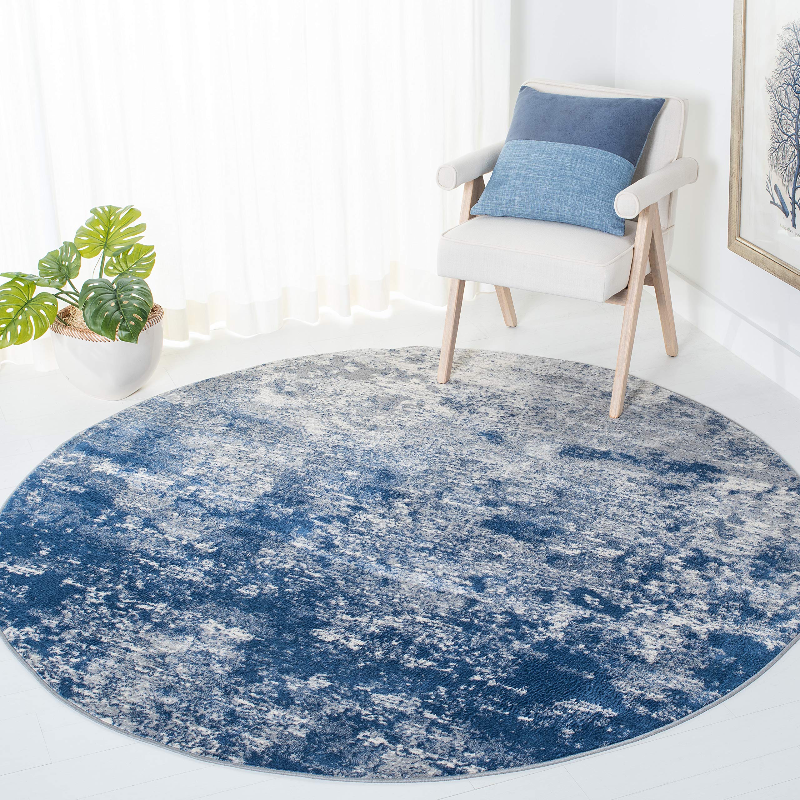 SAFAVIEH Brentwood Collection 3 Round Grey/Navy BNT822G Modern Abstract Non-Shedding Living Room Bedroom Area Rug