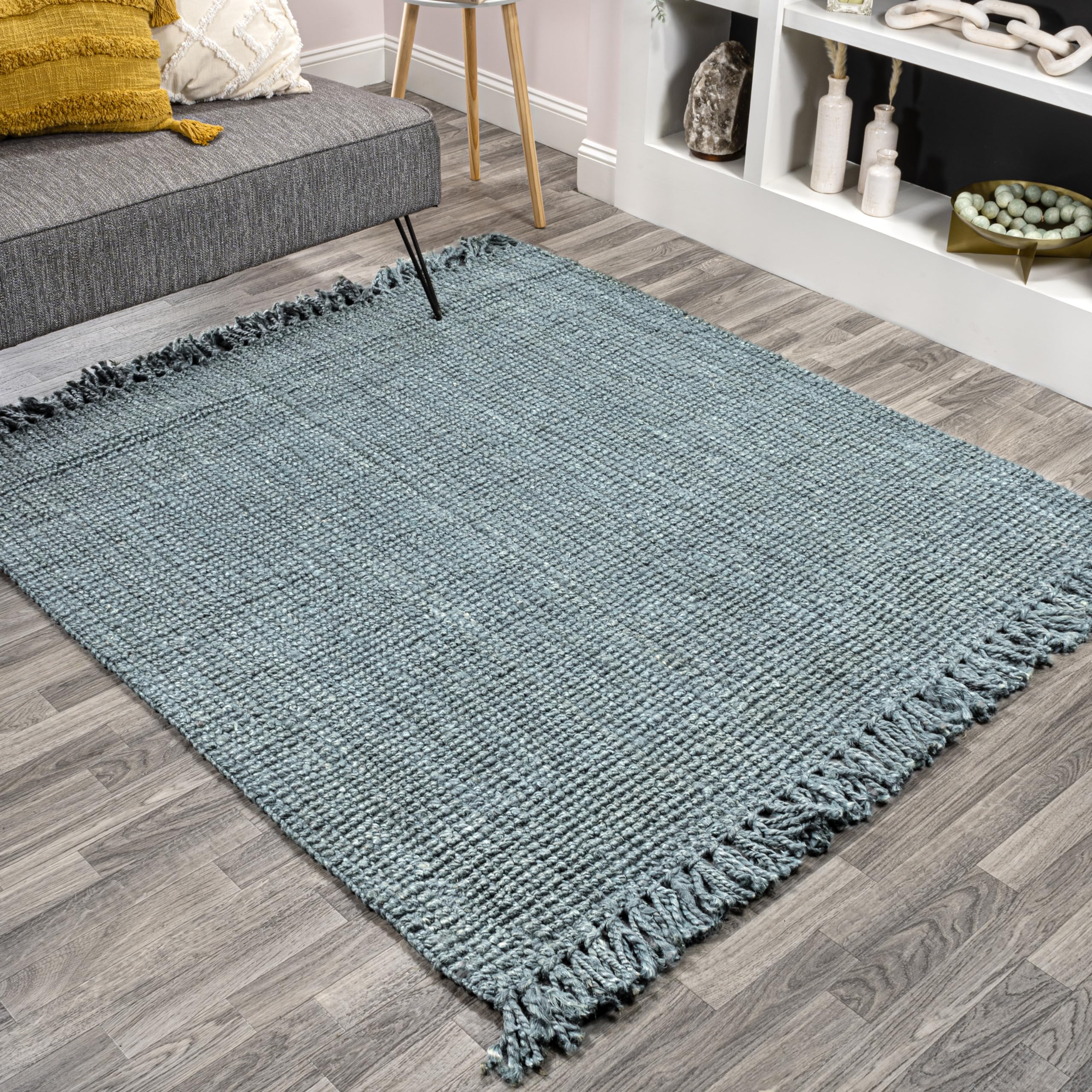 JONATHAN Y NRF103B-8SQ Pata Hand Woven Chunky Jute with Fringe Light Blue/Gray 8 Square Area Rug, Bohemian, Transitional, Rusti