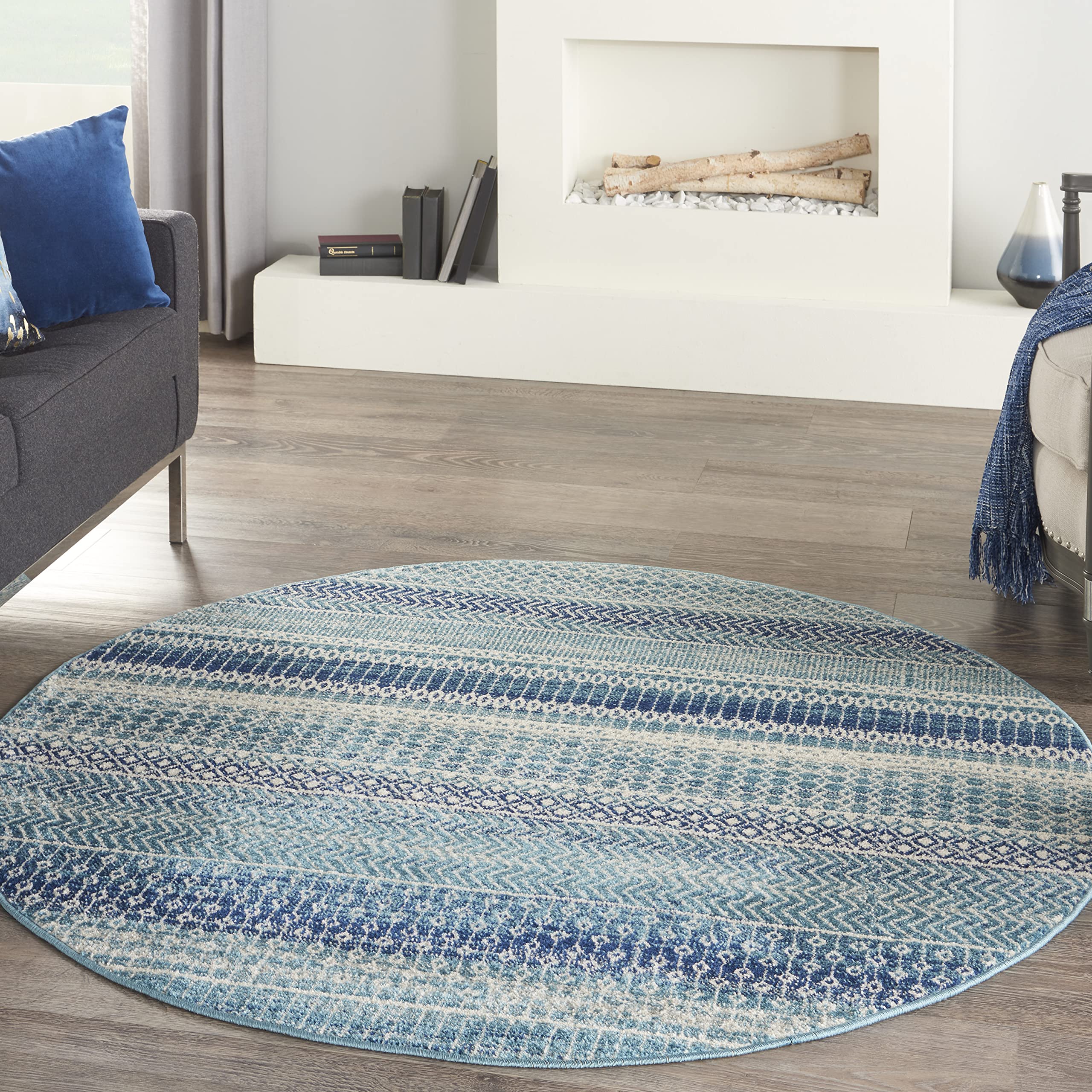 Nourison Passion Bohemian Navy Blue 4 x Round Area -Rug, Easy -Cleaning, Non Shedding, Bed Room, Living Room, Dining Room, Kitc