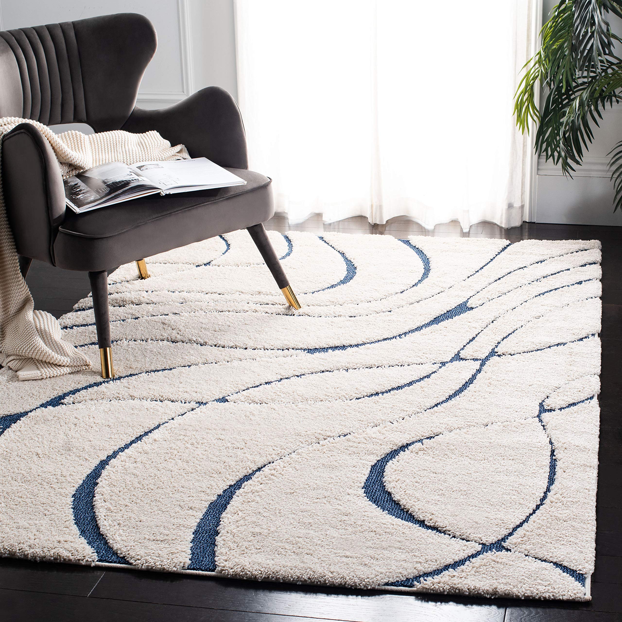 Safavieh Florida Shag Collection 8 Square Cream/Blue SG471 Abstract Wave Non-Shedding Living Room Bedroom 1.2-inch Thick Area R