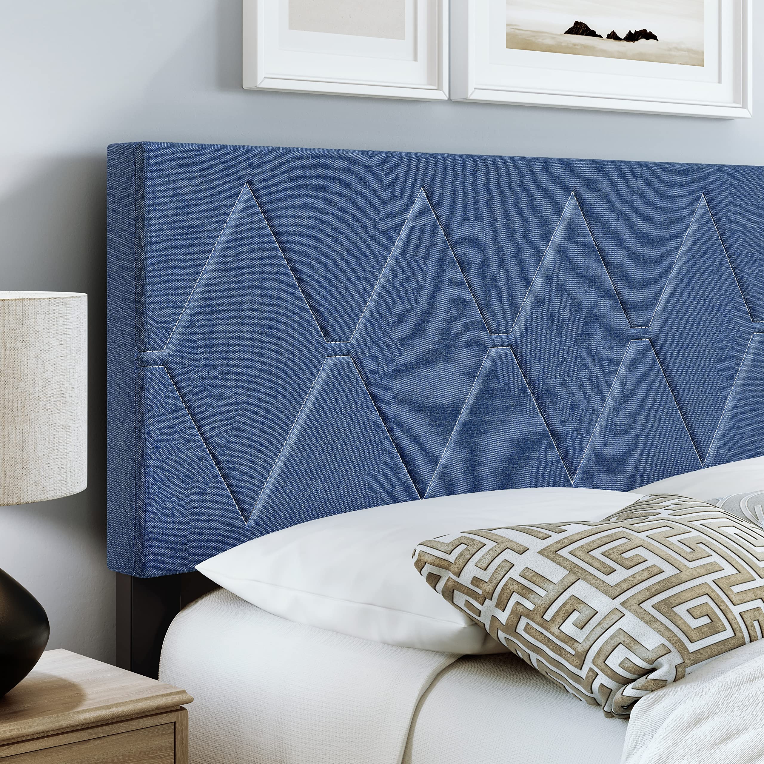 Boyd Sleep Diamond Upholstered Platform Bed with Headboard and Durable Mattress Foundation with Strong 4 Wood Slat Supports, Box Spring Required: Queen, Blue