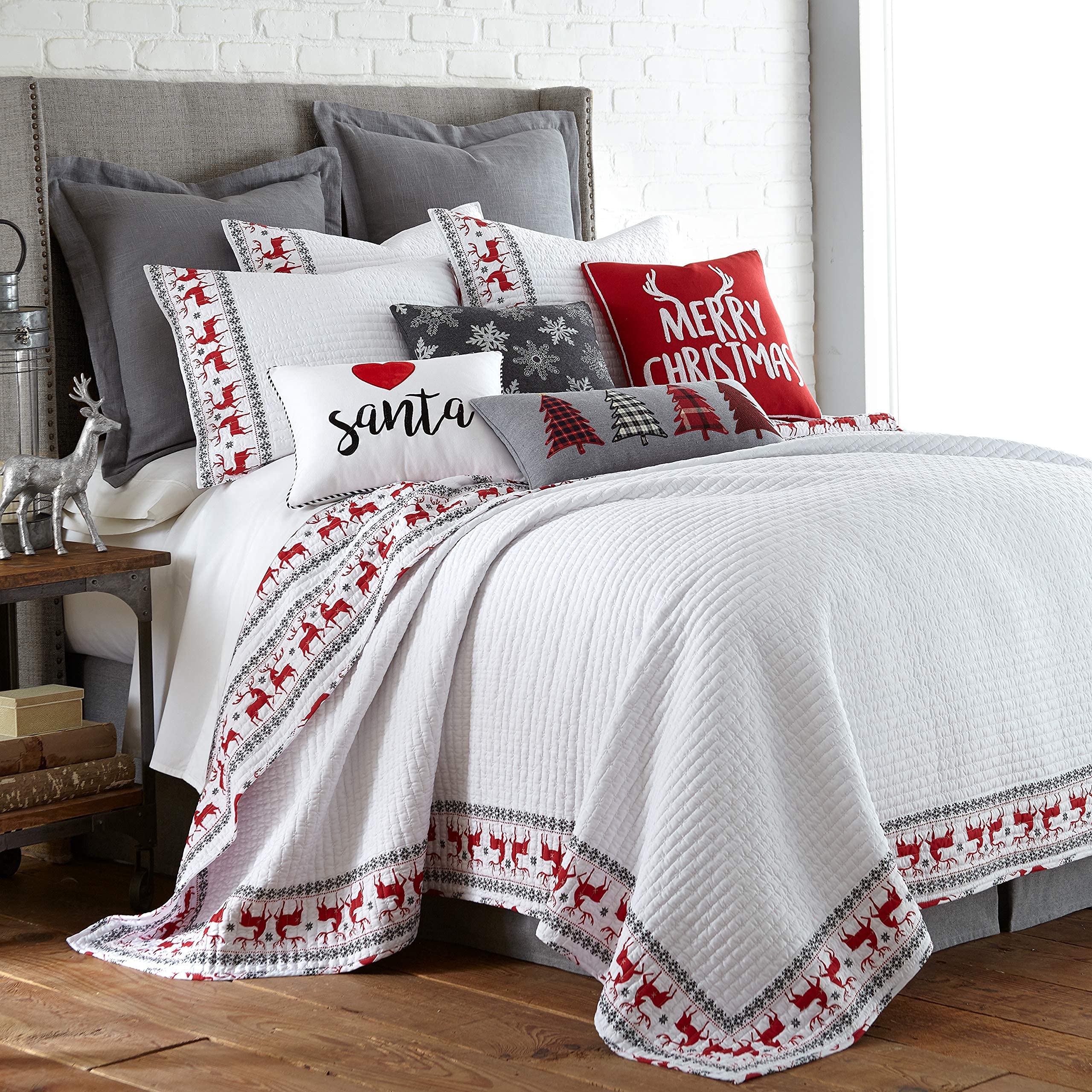 Levtex Home Merry & Bright Collection - Rudolph Quilt Set - King/Cal King Size - Christmas Reindeer Design - White Red Black - R