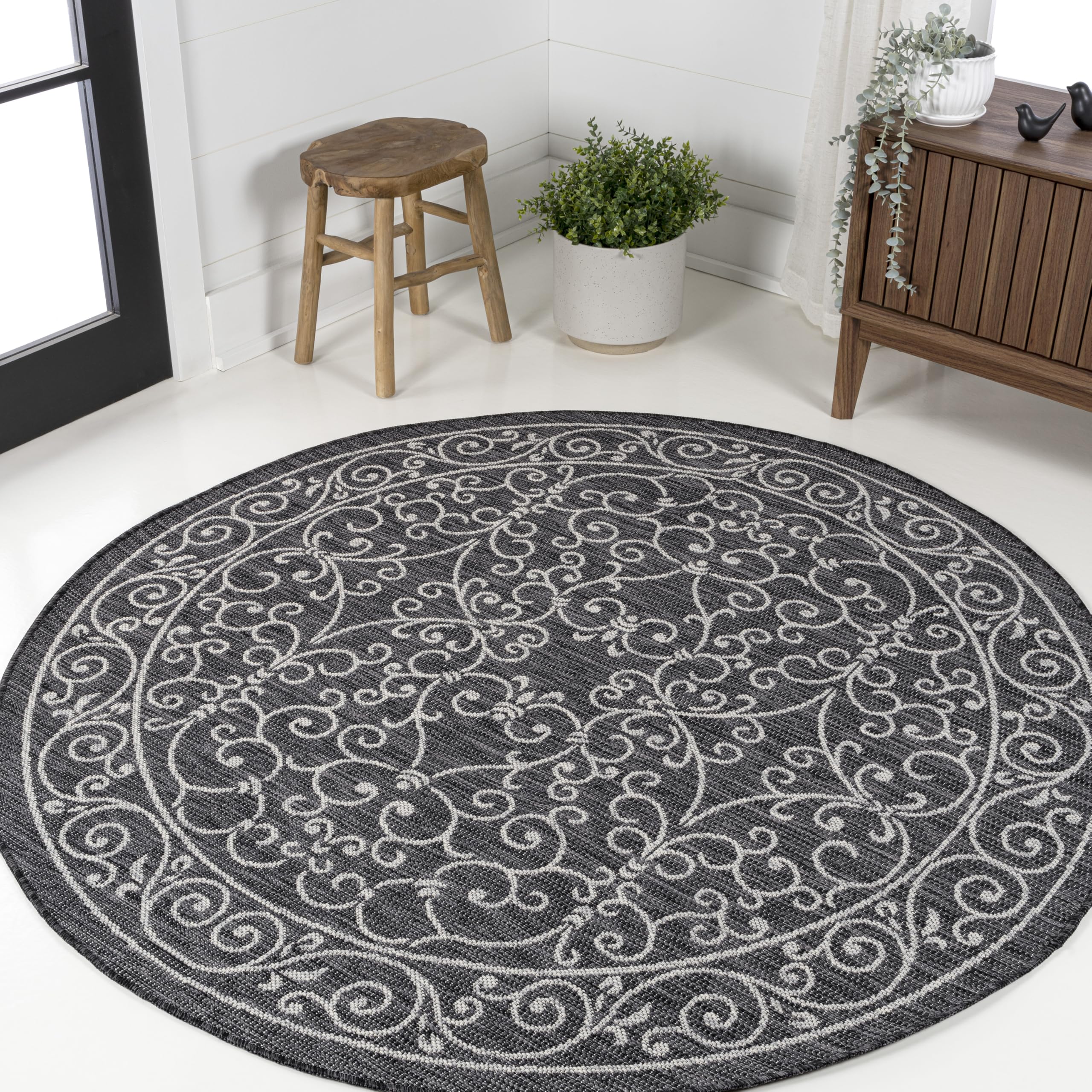JONATHAN Y SMB106G-6R Charleston Vintage Filigree Textured Weave Black/Gray 6 Round Indoor/Outdoor Area Rug, Pet Friendly, Non-