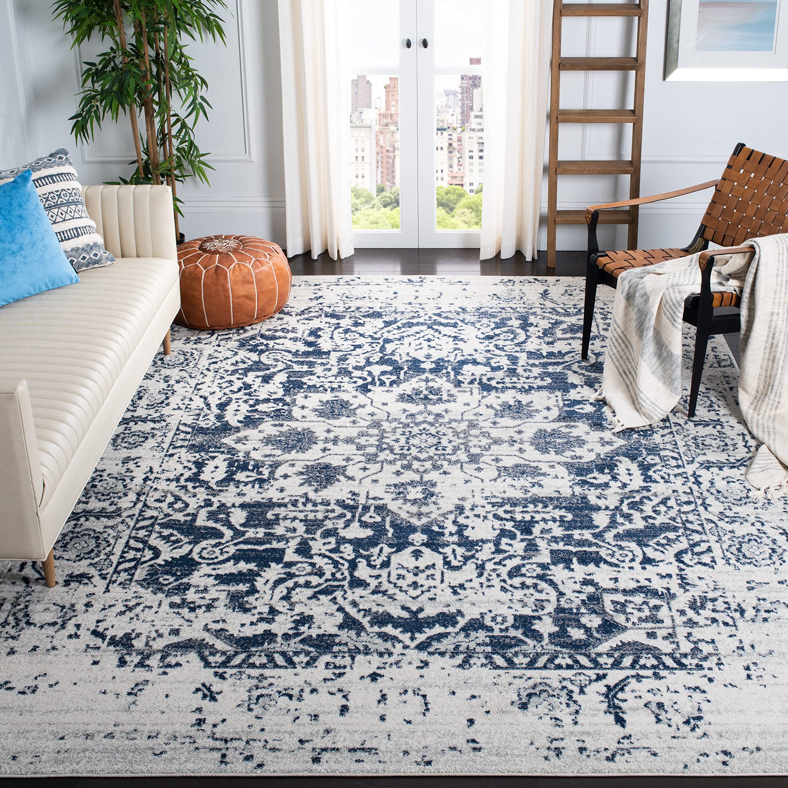 SAFAVIEH Madison Collection X-Large Area Rug - 12 x 18, Cream & Navy, Snowflake Medallion Distressed Design, Non-Shedding & Ea
